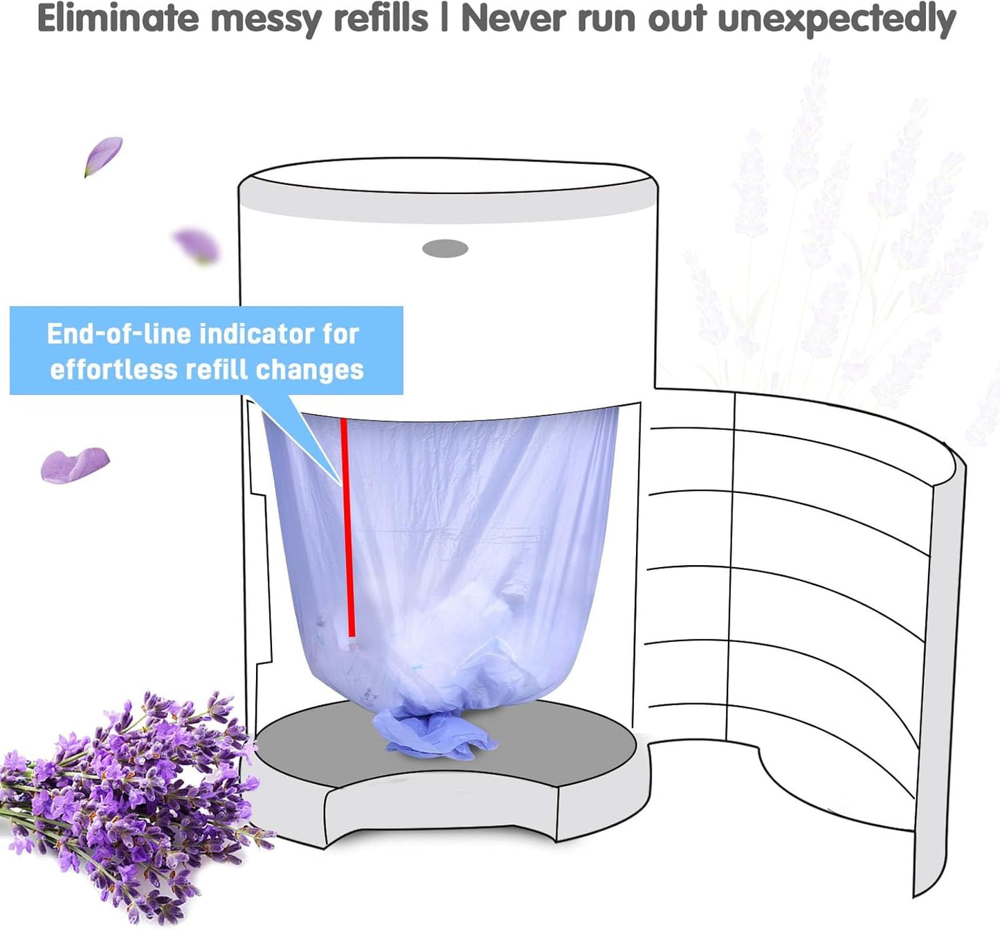 Diaper Pail Refill Bags Compatible With Dekor Plus Diaper Pail, Extra 30% Length, Lavender Scent, 4 Pack