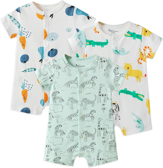 3-Pack 100% Cotton Baby Boy Rompers,0-24Months Short Sleeve Toddler Romper,Breathable Spring/Summer Clothes