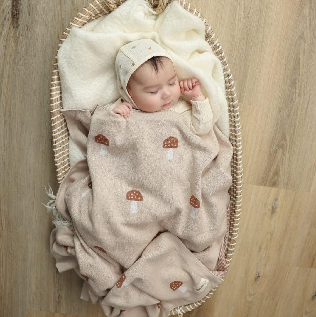 Unisex Baby Swaddle Blanket 100% Cotton Buttery Soft Cozy Receiving Swaddle Crib Stroller Blanket for Shower Gift Registry for Newborns, Infants, Toddlers (Mushroom - Cream)