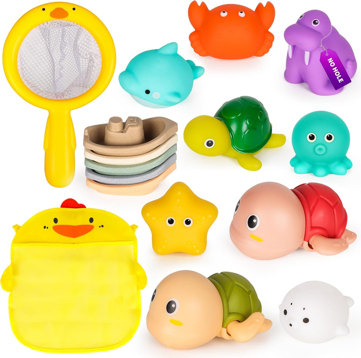 Mold-Free Baby Bath Toys Set 16 Pcs (2 Wind-Up Turtles, 7 No-Hole Sea Animals, 5 Stackable Boats, Fishing Net & Storage Bag) – BPA & Phthalate-Free, Ideal Water Table Baby Pool Toys for Kids Ages 1-3