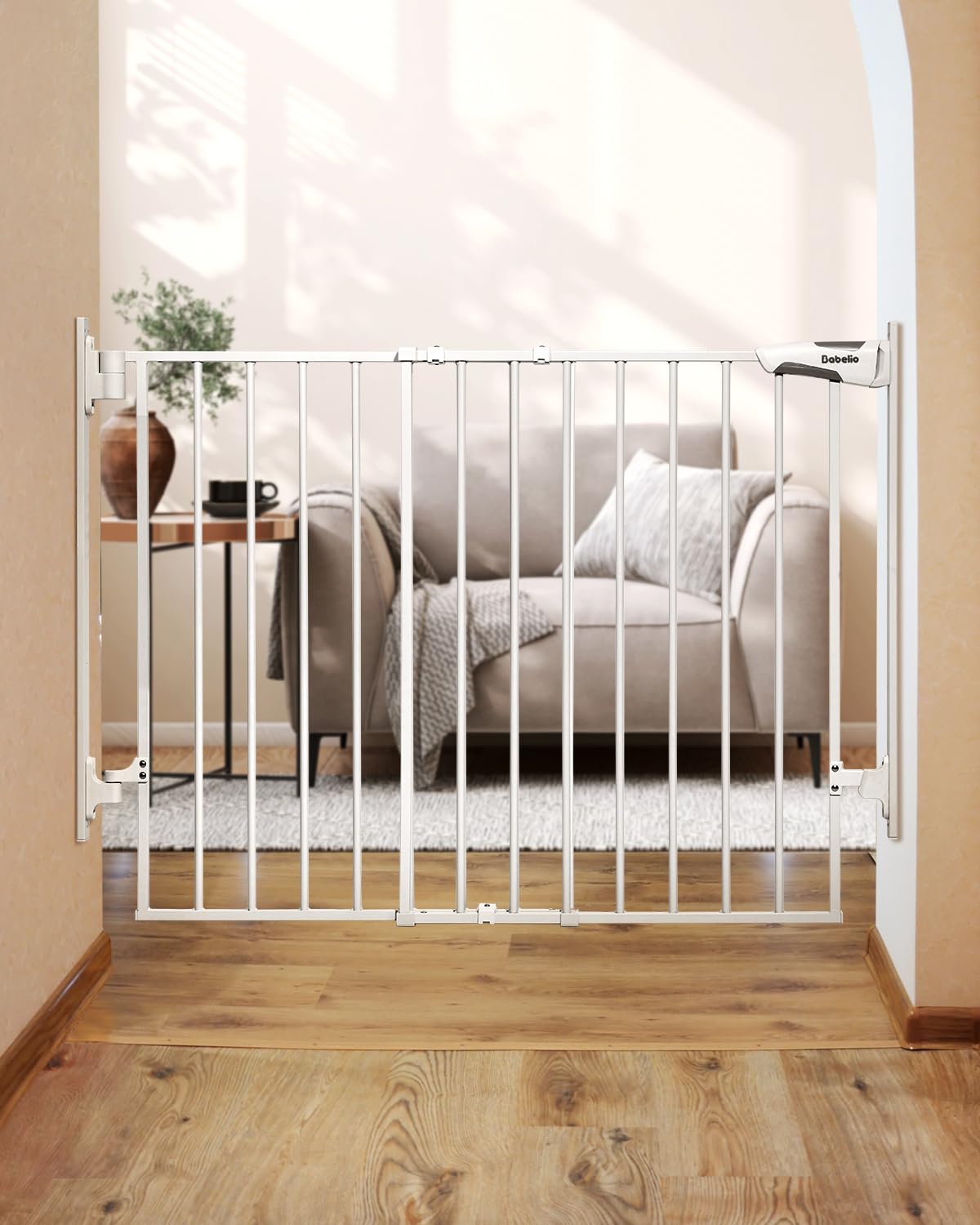 Babelio 27-45" No Bottom Bar Baby Gate with Easy Installation, 2-in-1 Auto Close Design, Suitable for The House, Stairs, and Doorways, Safety Pet Gates with Large Walk-Thru Door, White