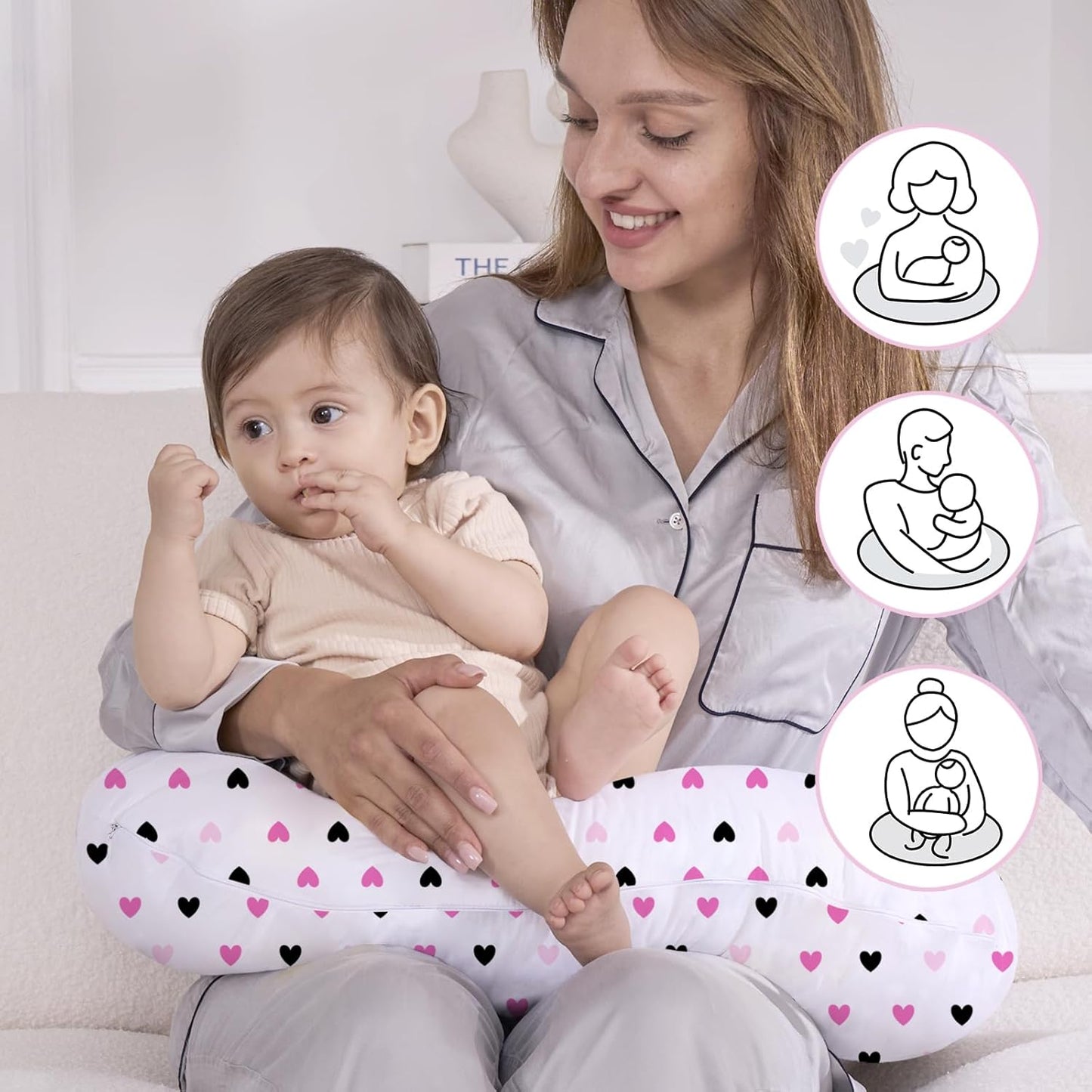 Nursing Pillow, Breast Feeding Pillows for Mom, Rose Red Hearts Soft Cover with Breathable Filling, Feeding Support Pillow for 0-12 Months, Multifunctional Support Cushion for Travel (Sweet Hearts)