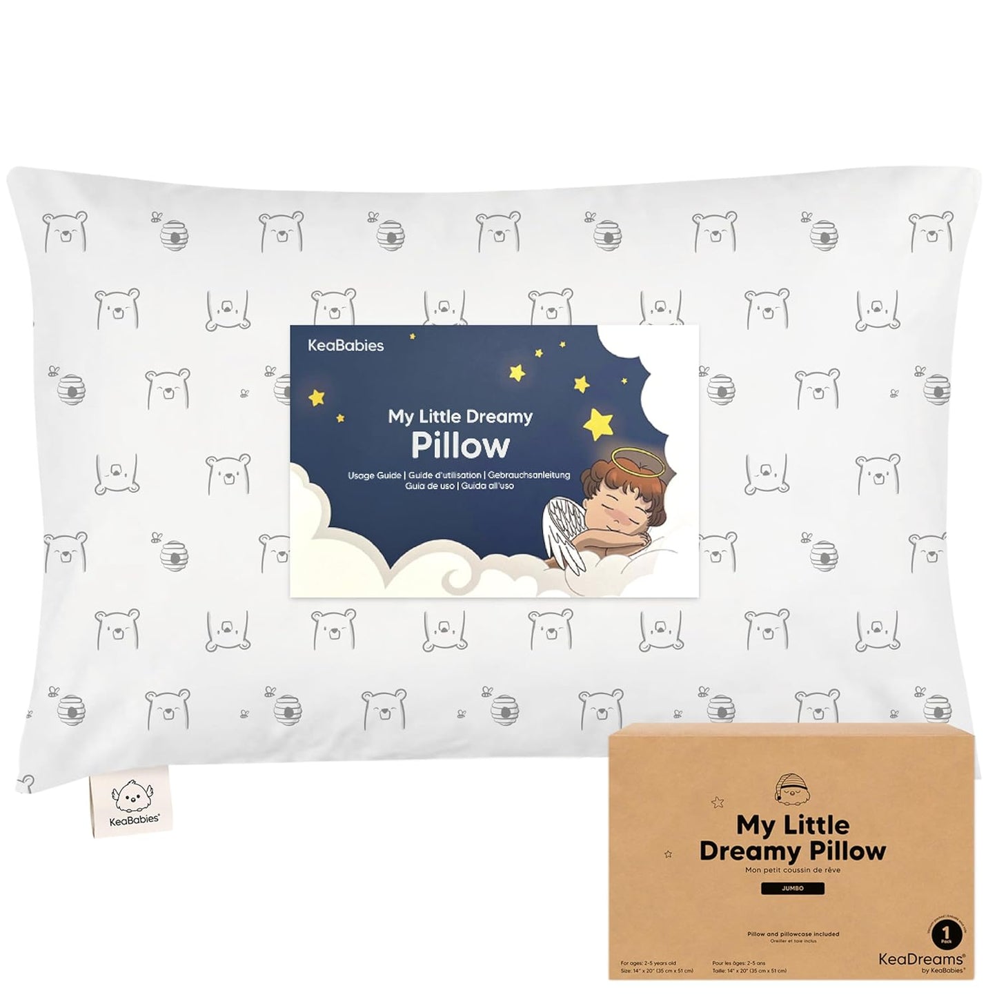 KeaBabies Toddler Pillow with Pillowcase, Jumbo 14X20 - Soft Organic Cotton Toddler Pillows for Sleeping - Machine Washable - Perfect for Travel, Toddler Bed Set (Bumble Bear)