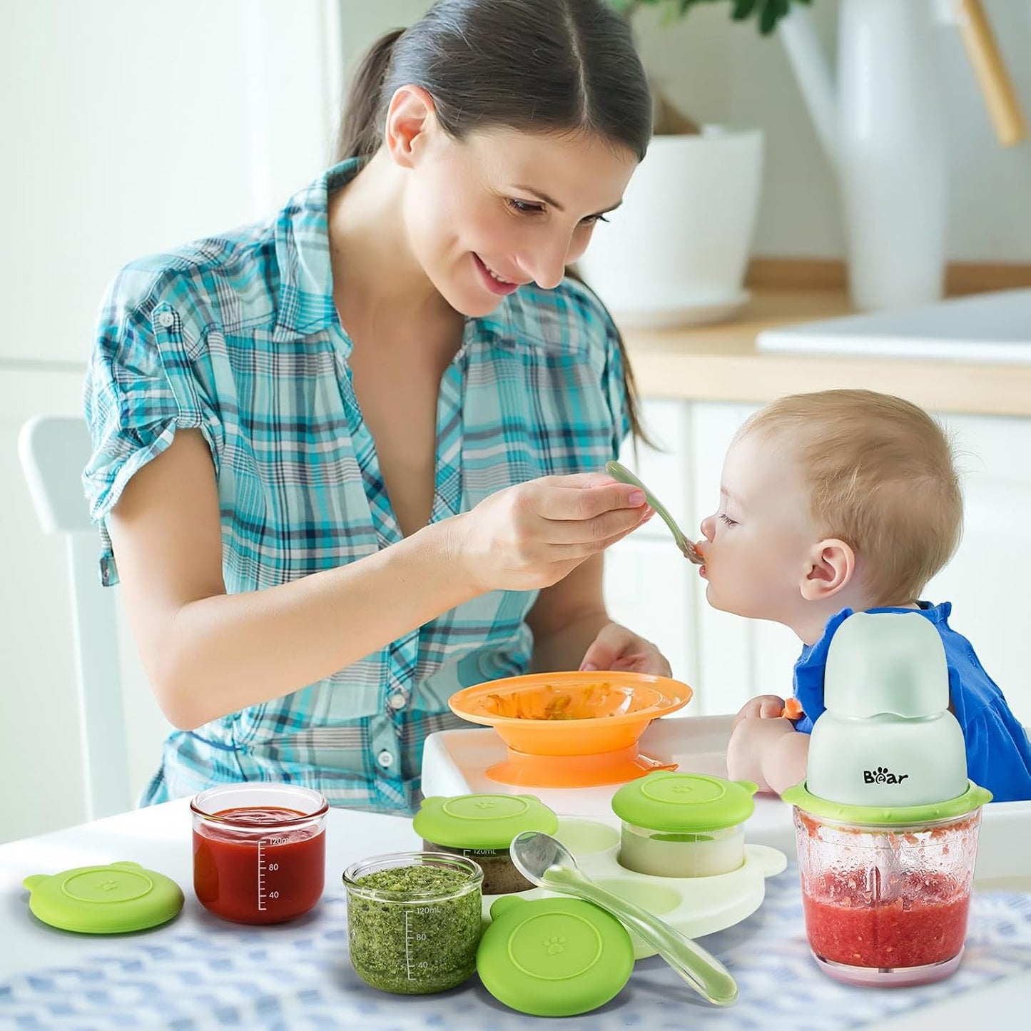 Bear Baby Food Maker, Baby Food Processor Set with Baby Food Containers, Silicone Spoons, Baby Food Puree Blender for Fruit, Vegetable, Meat, Make Fresh and Nutritious Meals for Your Little One