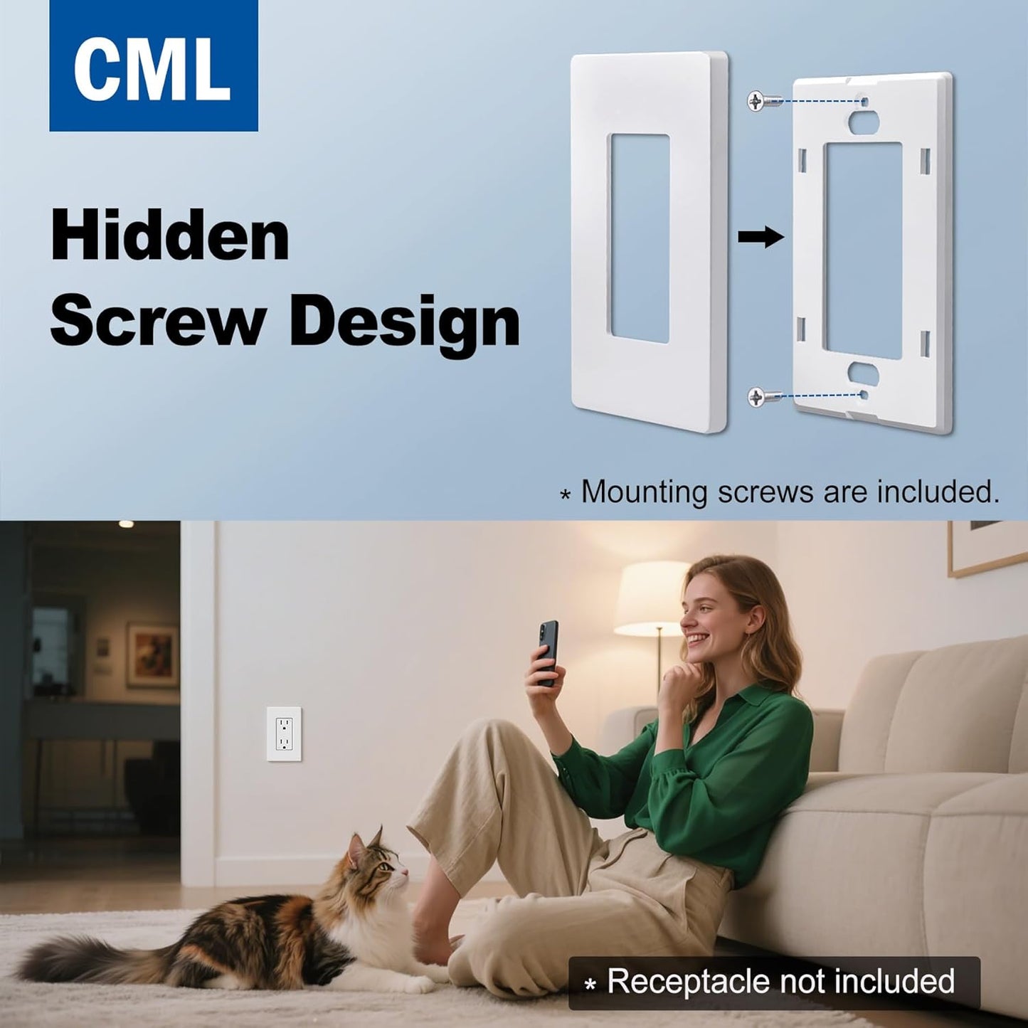 CML Matte White Decorator Screwless Wall Plate, 8 Pack 1-Gang Outlet Covers and Switch Plates, Scratch and Impact Resistant, Hidden Screws, Polycarbonate, Standard Size 2.91” X 4.68”