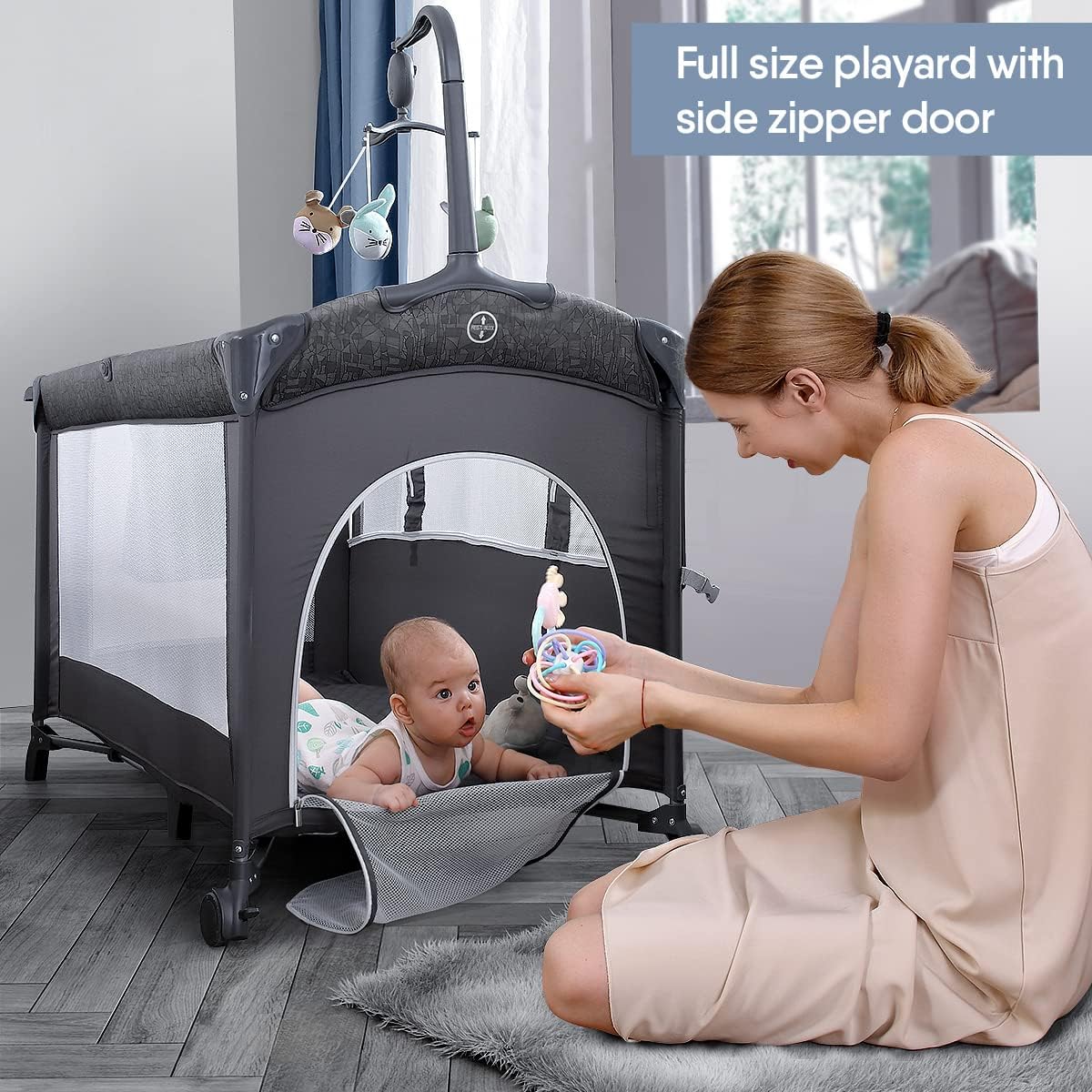 BabyBond Baby Bassinet Bedside Crib, Pack and Play with Sheet, Diaper Changing Table and Music Mobile from Newborn to Toddles, Portable Large Playard