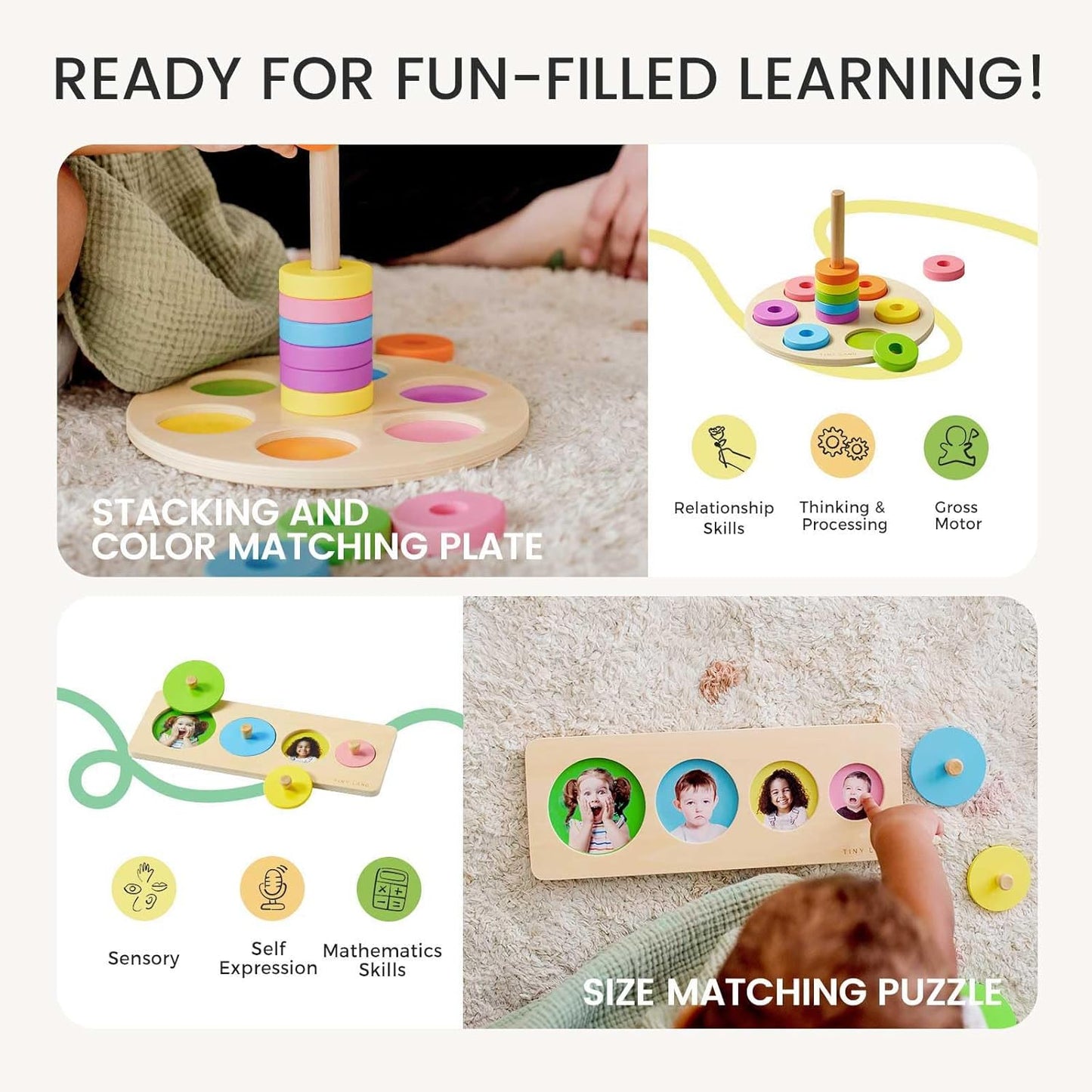 Tiny Land Montessori Toy Set for Baby 13-15 Months Explorer Play Kit - 7-in-1 Baby Drum, Carrot Harvesting and Coin Boxes, Stacking and Color Matching Plate, Size Matching Puzzle, Color Board Book