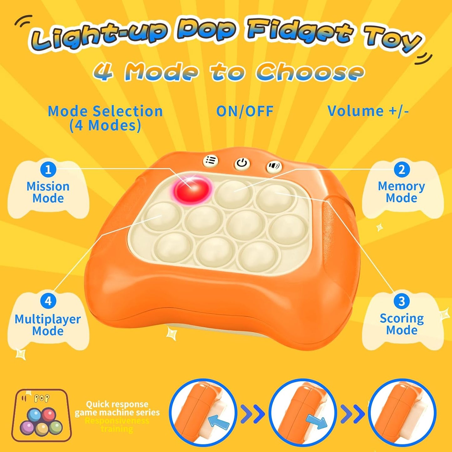 Fast Push Bubble Game, Light-up Pop Game Fidget Toys for Kids and Adults, Electronic Handheld Quick Push Bubble Game, Stress Relief Toys for 6 7 8 9+ Year Old Boys & Girls (Orange)