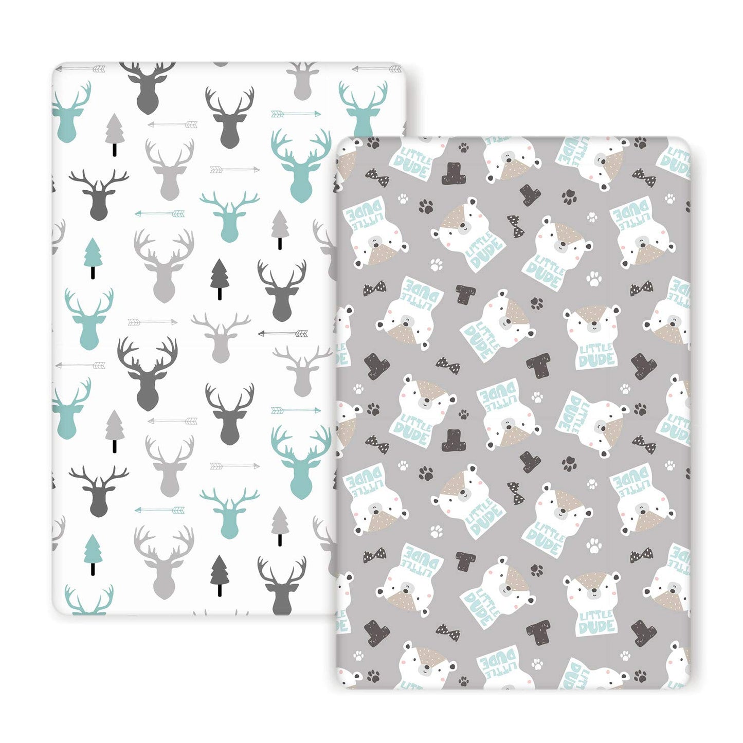 GRSSDER Stretchy Ultra Soft Jersey Knit Fitted Pack n Play Sheets 2 Pack, Playard Sheets for Baby Girls and Boys, Universal Fit for Pack N Plays Safe and Snug, Cute Bear and Deer
