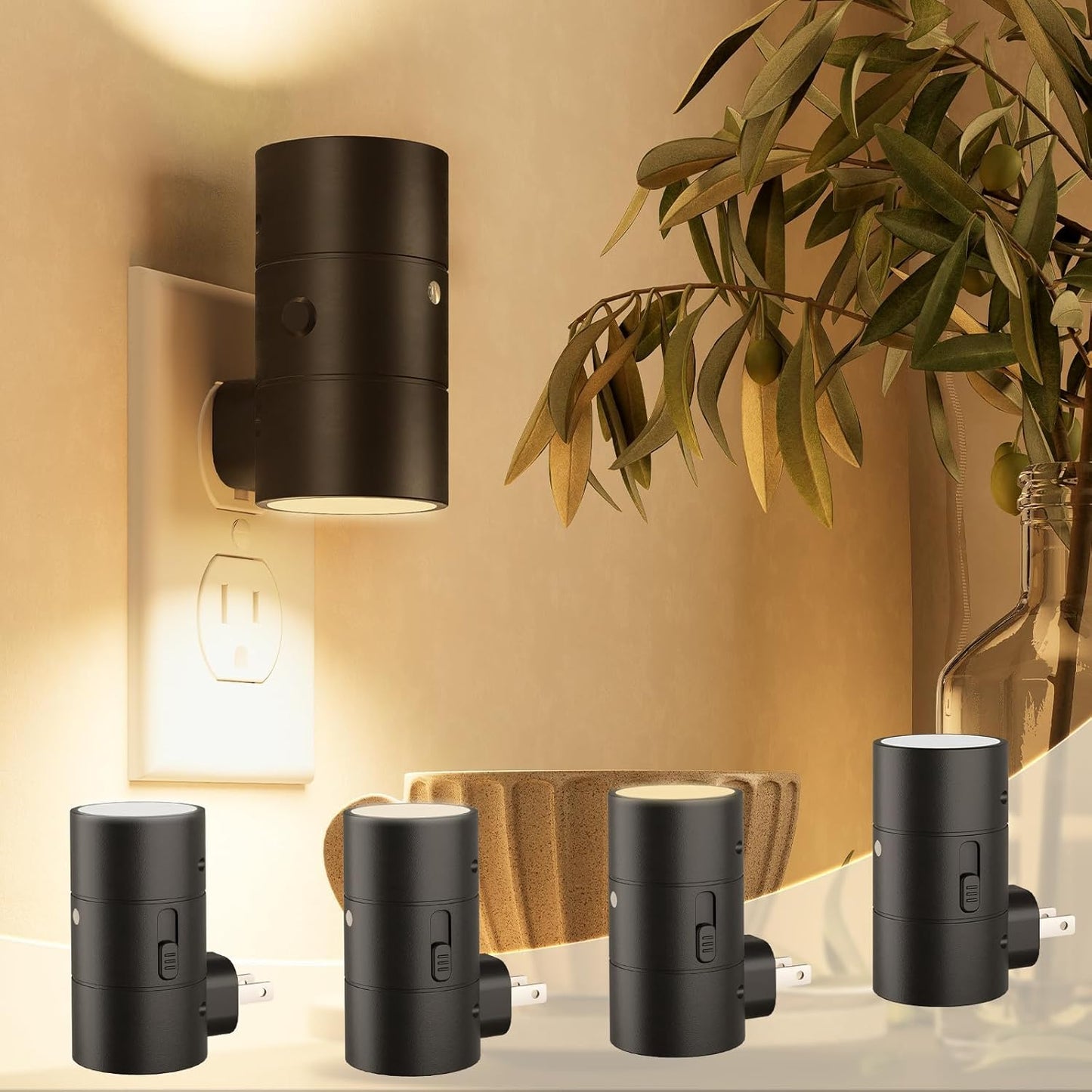 NIORSUN Night Lights Plug Into Wall,Plug in Night Light with 3 Light Modes,Ultra-Slim Design,Dusk to Dawn Sensor,0-100LM Dimmable Night Light for Hallway Bathroom Stairway Bedroom,Black,4 Pack