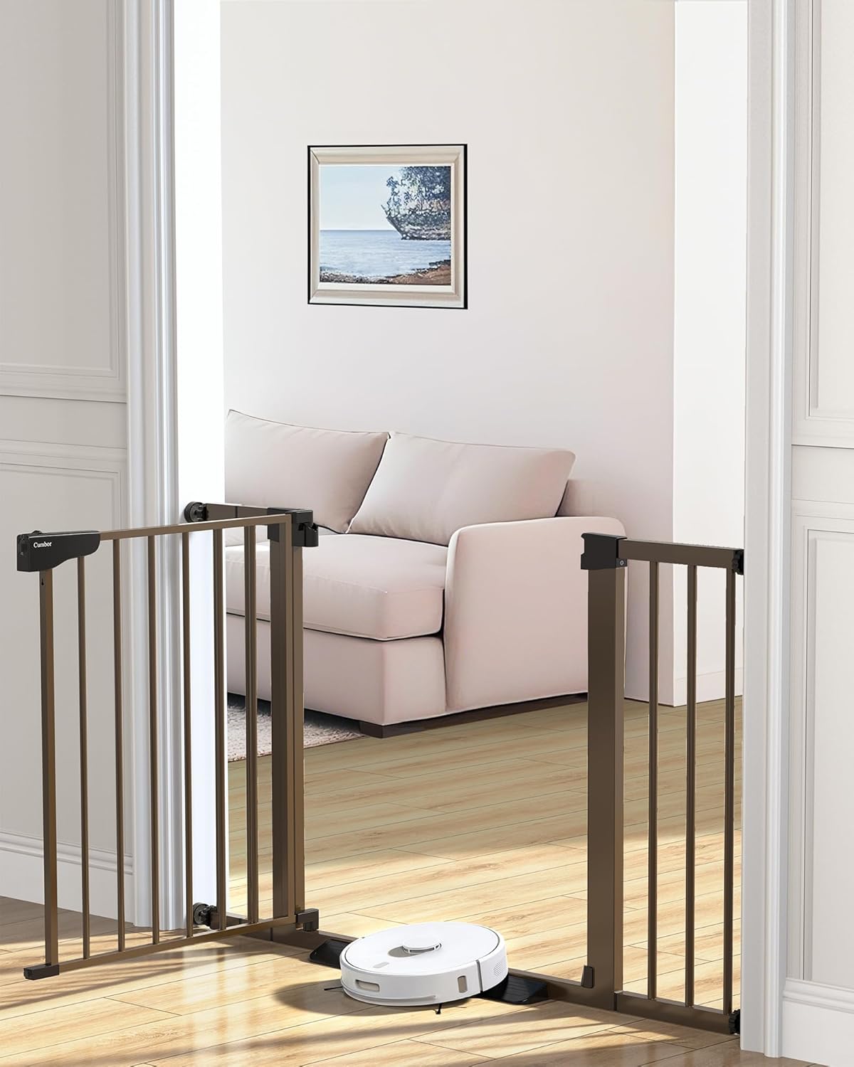 Cumbor 29.7-46" Baby Gate for Stairs, Mom's Choice Awards Winner-Auto Close Dog Gate for the House, Easy Install Pressure Mounted Pet Gates for Doorways, Easy Walk Thru Wide Safety Gate for Dog, Brown