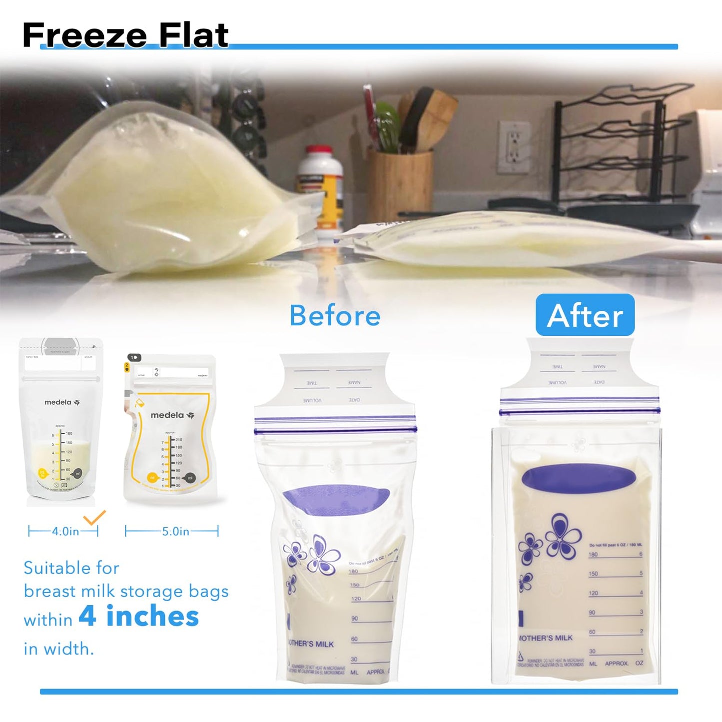 Breastmilk Storage Container with 4 Freezer Flattener Kit to Flatten Standing Breast Milk Bags in Organizer Bins Save Refrigerator Space |Vertical Storage
