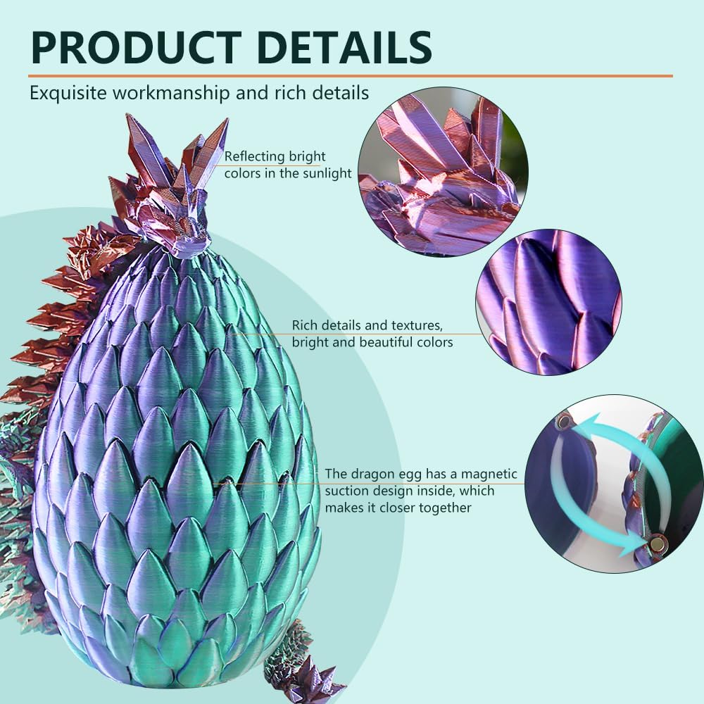 3D Printed Dragon with Dragon Egg 16.5'' Articulated Dragon Crystal Dragon Fidget Dragon Egg Toys Executive Desk Toys (Red Gold Purple, Dragon Only)