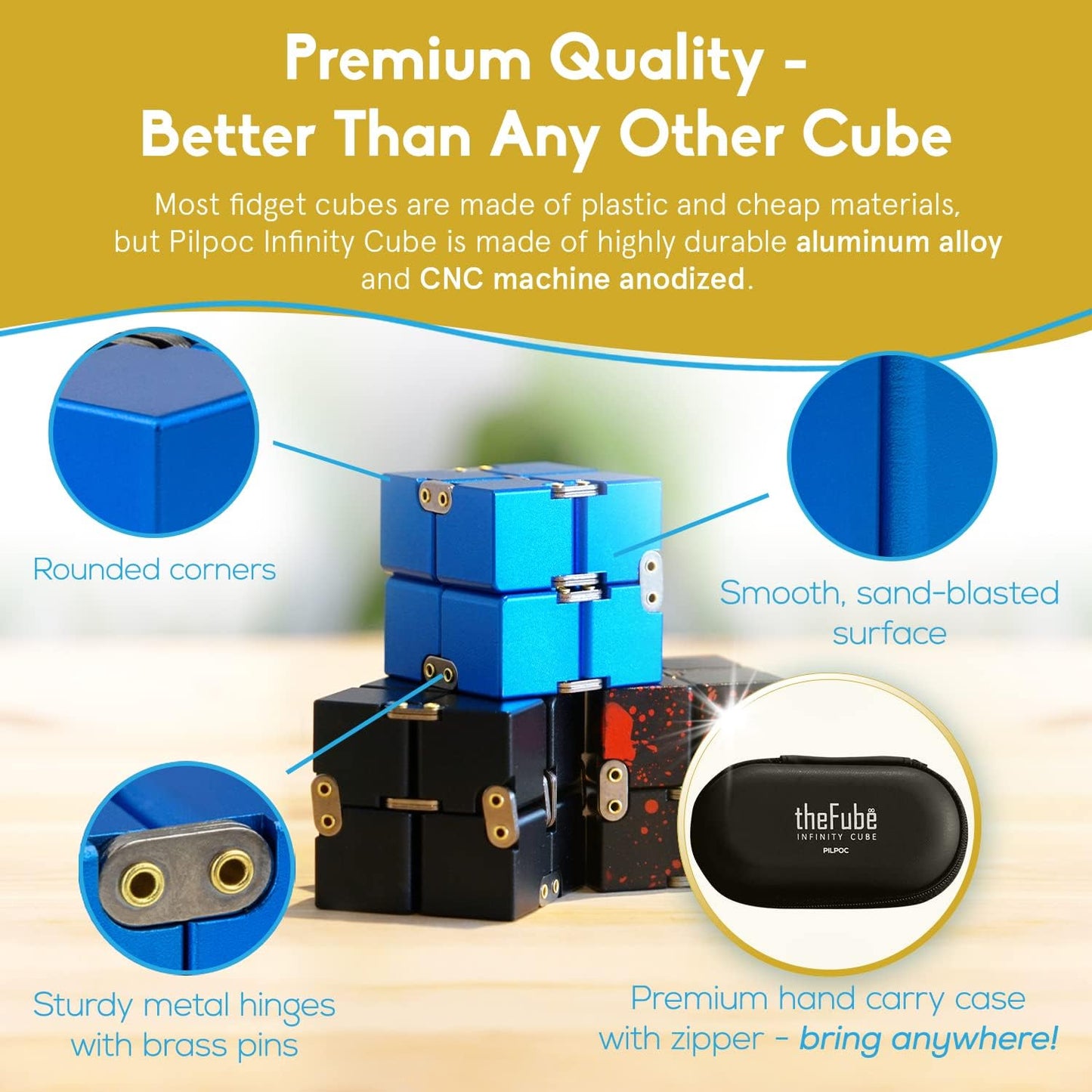 PILPOC theFube Infinity Cube Fidget Desk Toy - Aluminum Infinite Magic Cube with Case, Sturdy, Heavy, Relieve Stress and Anxiety, for ADD, ADHD, OCD (Blue Pink)