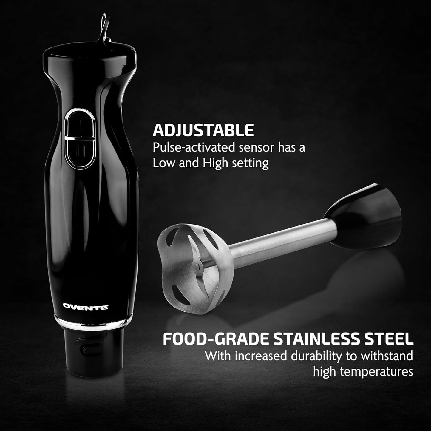 OVENTE Immersion Hand Blender, 300W Electric Handheld Portable Stick Mixer with 2 Mixing Speed and Stainless Steel Blades for Effortless Blending Smoothies, Shakes, Puree or Baby Food, Black HS560B