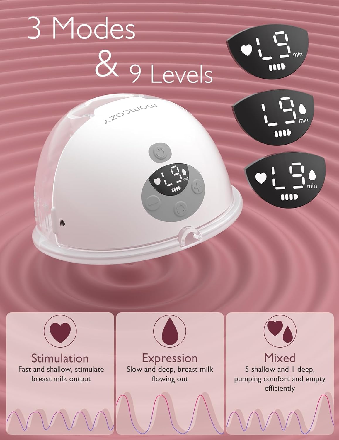 Momcozy M5 Hands-Free Wearable Breast Pump, Double-Sealed Flange for Baby-Like Comfort, 3 Modes & 9 Suction Levels, Portable Electric Pump – 24mm, 2-Pack Quill Gray