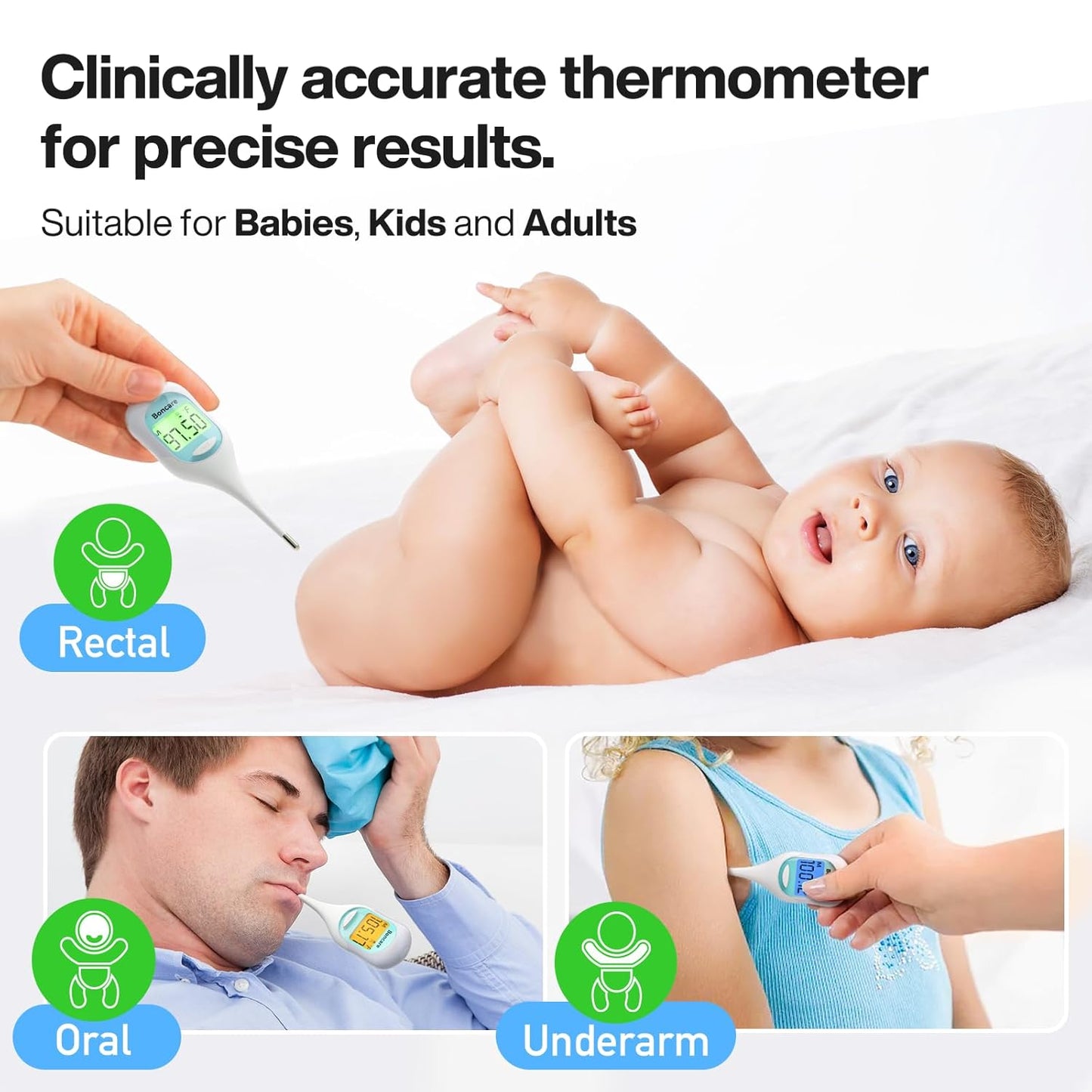 Boncare 9 Seconds Digital Basal Thermometer - Accurate Oral & Rectal Thermometer for Adults & Kids, Fever Alarm, Large Display (Blue)