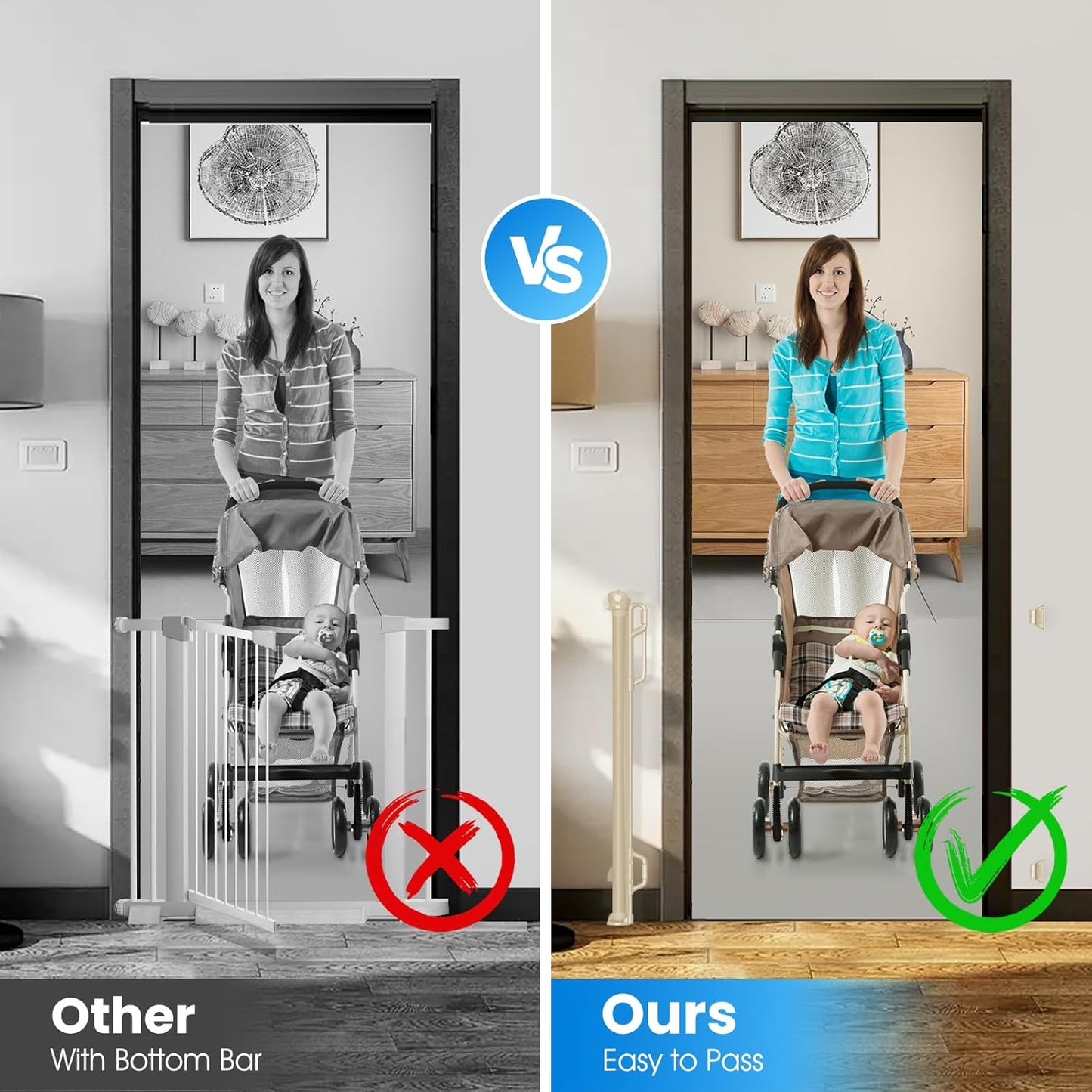 Retractable Safety Baby Gate or Mesh Dog Gate,Durable Portable Mesh Retractable Gate,Easy to Use for Stairs, Doorways, Hallways, Indoor, Outdoor, 33.5" Tall, Up to 65" Wide, Cream