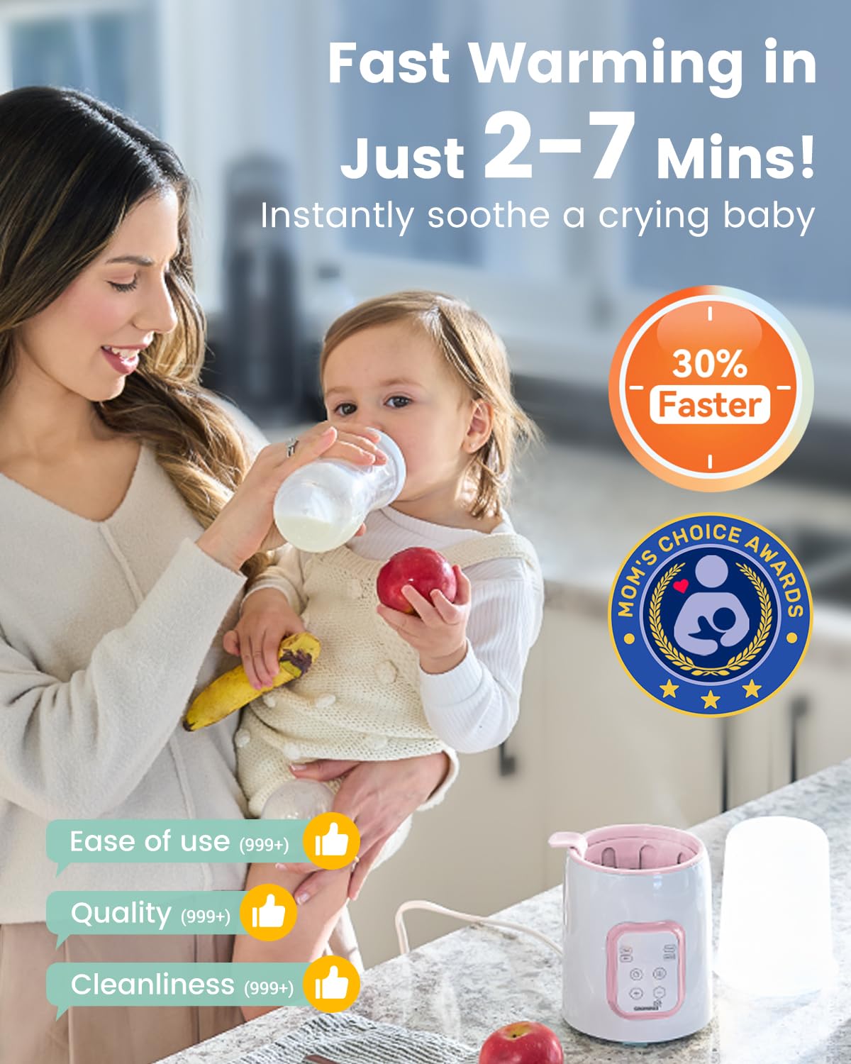 GROWNSY Bottle Warmer, Fast Baby Bottle Warmer for All Bottles, Milk Warmer for Breastmilk or Formula, Smart Temperature Control and Automatic Shut-Off- Pink