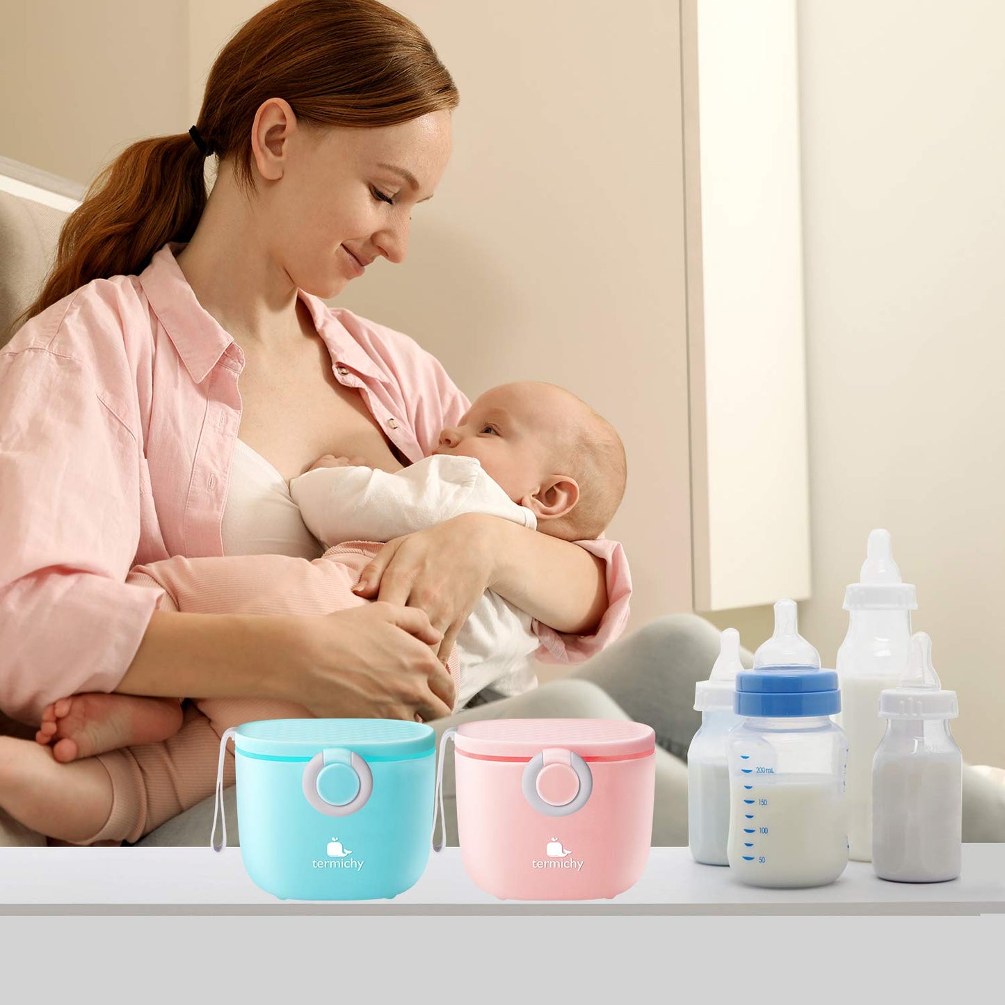 Termichy Baby Formula Dispenser, Portable Milk Powder Dispenser Container with Carry Handle and Scoop for Travel Outdoor Activities with Baby Infant, 8.8OZ, 0.55LB, 250g (Blue-2pack)