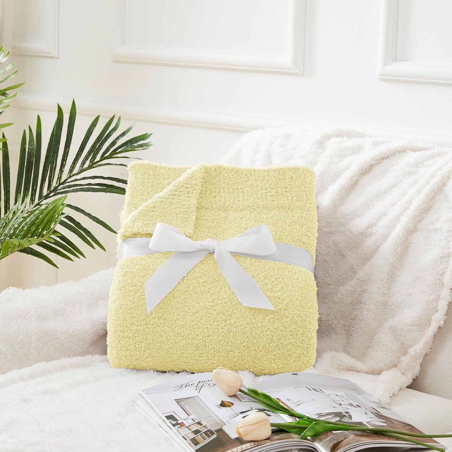 CYMULA Knit Throw Blanket for Couch Yellow - Super Soft Lightweight Plush Fuzzy Fluffy Cozy Blankets and Throws for Sofa Bed, 50 x 60 inches