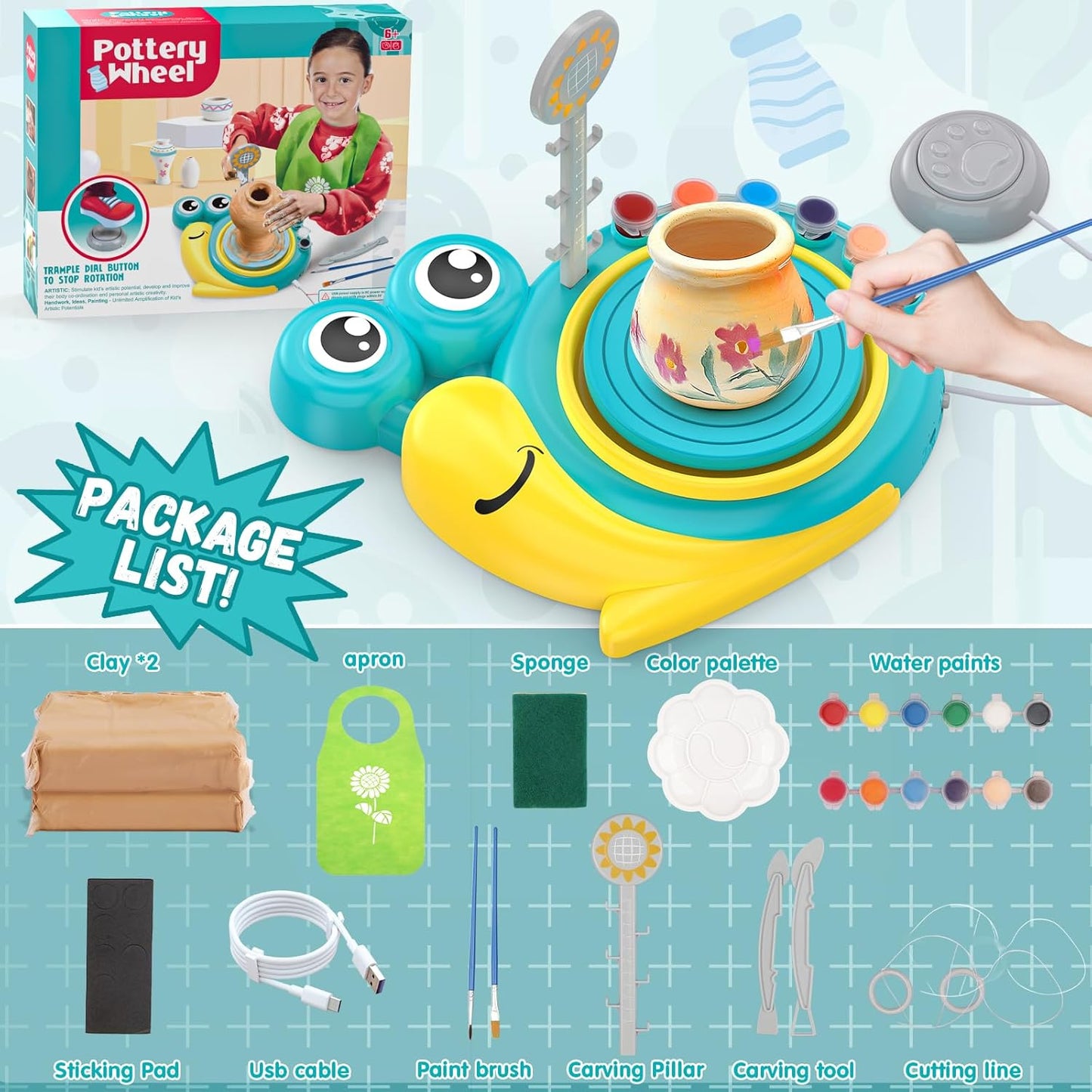 Pottery Wheel for Kids - Complete Art Supplies Arts & Crafts Kit, Crafts for Girls 8-12, Girls Boy Toys Birthday Halloween Christmas Gift for Kids Ages 6 7 8 9 10 11 12+, (Snail)