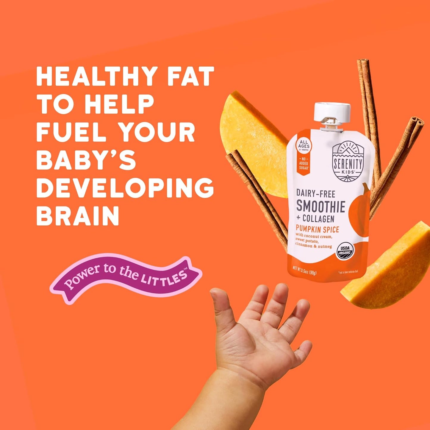 Serenity Kids 6+ Months Dairy-Free Smoothie Baby Food - USDA Organic Grass-Fed Collagen & Pumpkin Protein - 3.5 Oz BPA-Free Cans - Pumpkin Smoothie Baby Food - 6 Count