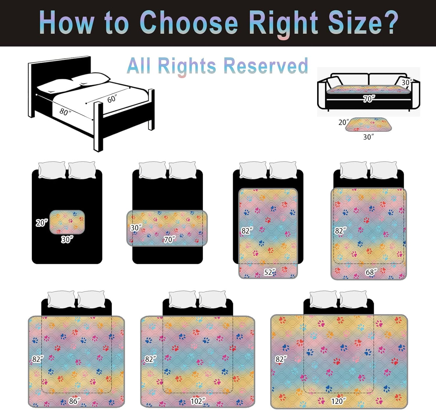 100% Waterproof Dog Bed Cover 86x82 inch Reversible Changing Pad Reusable Camping Mat for Kids/Pet/Dog/Cat Washable Geometric Embroidery Blanket Patchwork Rainbow Dog Paw Printed+Gray