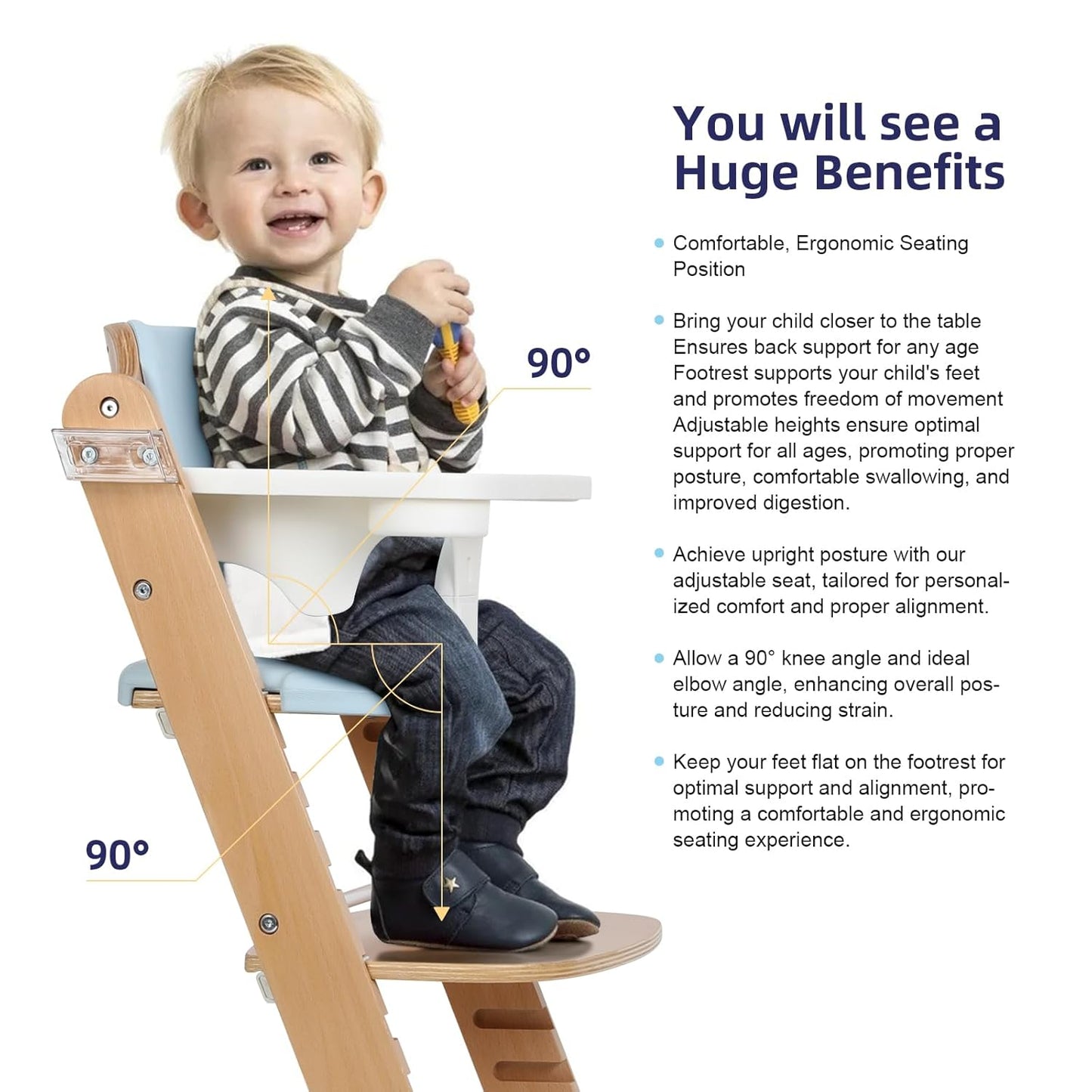 Cowiewie Natural Wooden High Chair for Babies & Toddlers 3-Tier Remove & Adjustable Tray, 8 Adjustable Highchair with Cushions, Portable (Blue)