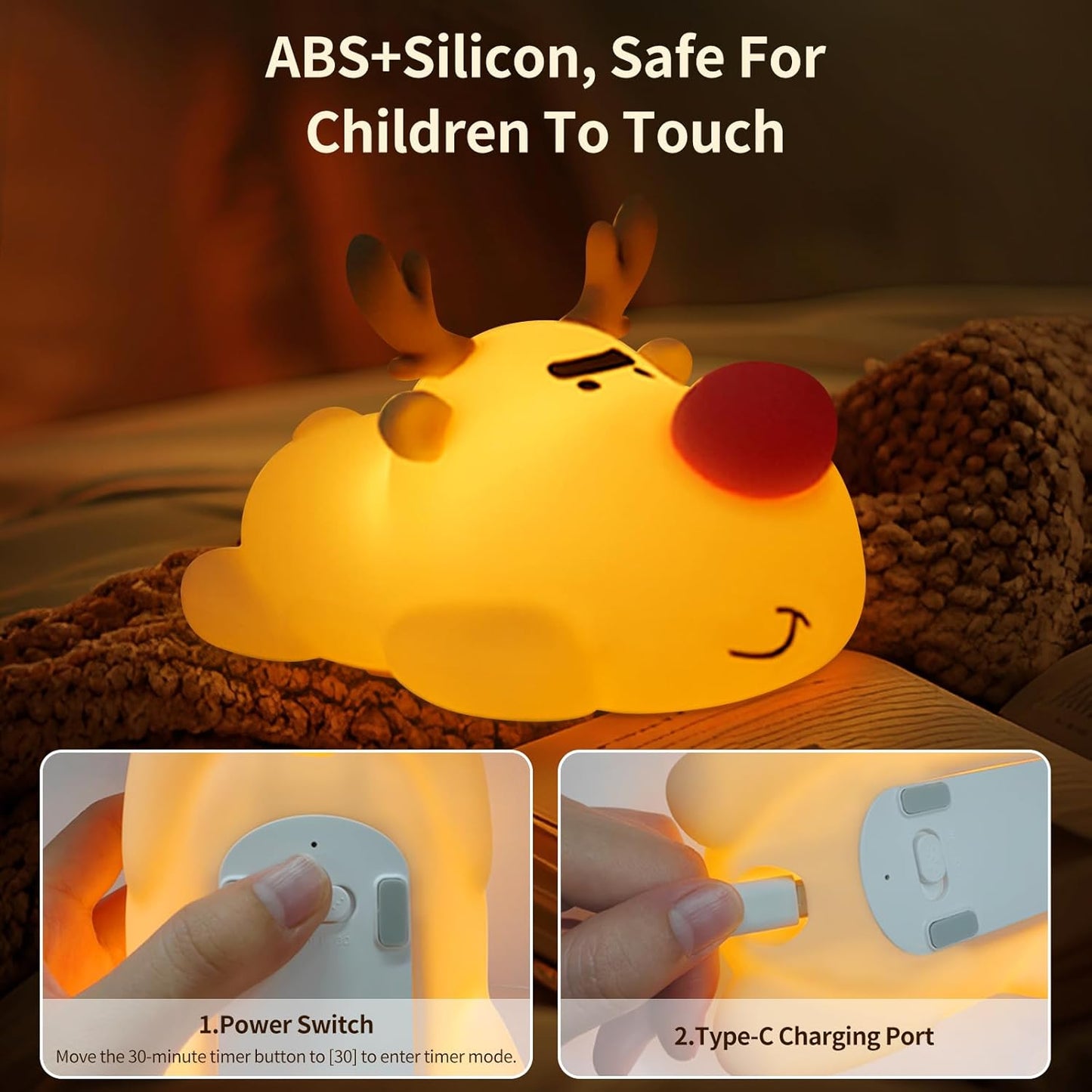 Baby Night Light, 3-Level Dimmable Rechargeable Nursery Nightlight, Timed Reindeer Bedside Touch Light Baby Room Decor, Suitable for Infants and Children During Lactation
