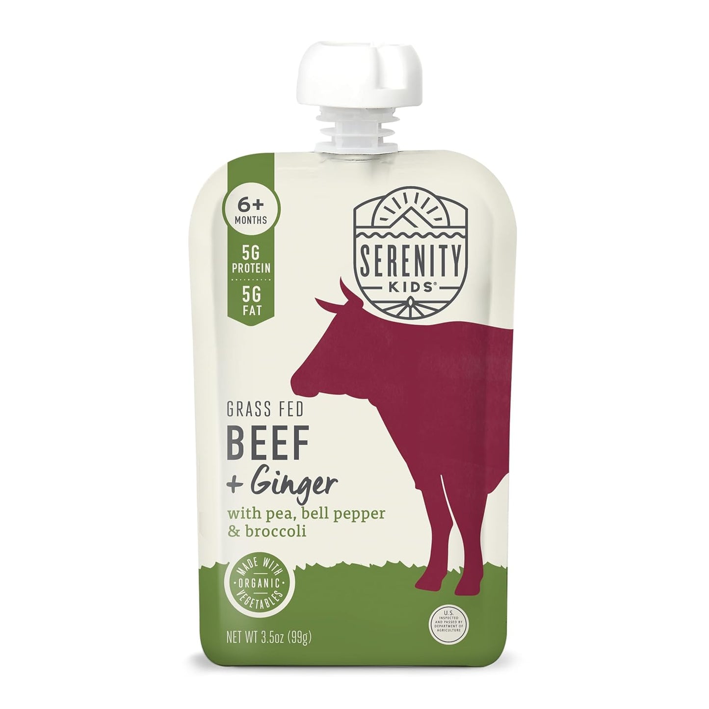 Serenity Kids 6+ Months Beef & Ginger Baby Food Puree Pouches - Grass Fed Beef & Organic Peas, Bell Pepper & Broccoli - No Added Sugar & BPA-Free Pouches - 3.5 Oz, 6 Pack