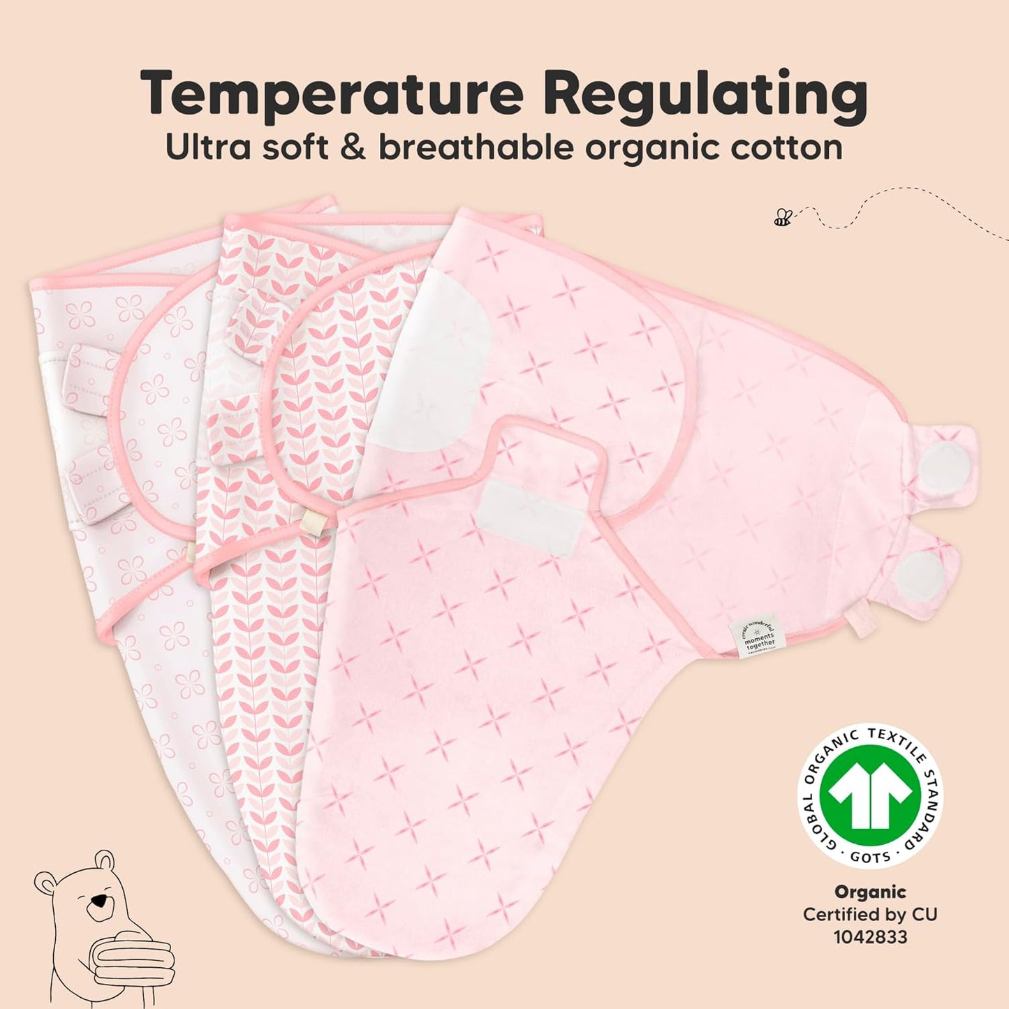3-Pack Organic Baby Swaddle Sleep Sacks - Swaddles for Newborns, Infant 0-3 Months, Baby Girls, Boys, Soft & Snug Newborn Sleep Sack, Nursery Swaddling Blankets (Blossom)