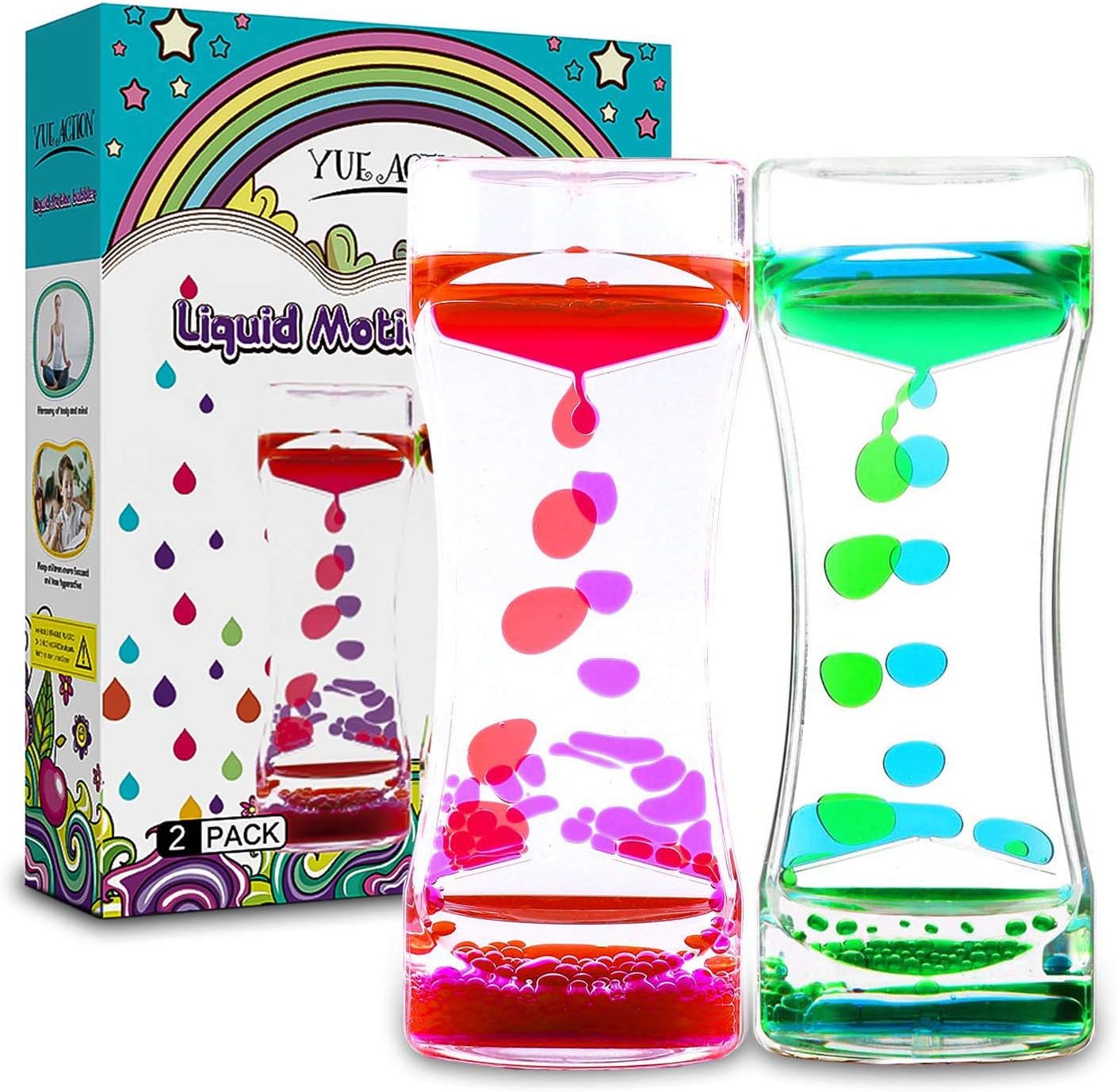 YUE Action Liquid Timer 2 Pack/Liquid Motion Bubbler Timer for Calming Sensory Toys, Autism Toys,Fidget Toy, Children Activity, Desk Toys,Novelty Gifts, Holiday Stocking Stuffers (Green+Red Set)