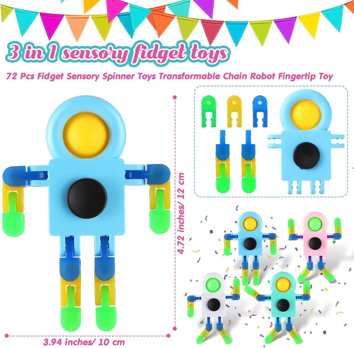 72 Pcs Glow in The Dark Fidget Sensory Spinner Toys Transformable Chain Robot Fingertip Toy Sensory for Anxiety, Stress Relief ADHD Autism Pinata Goodie Bag Stuffers