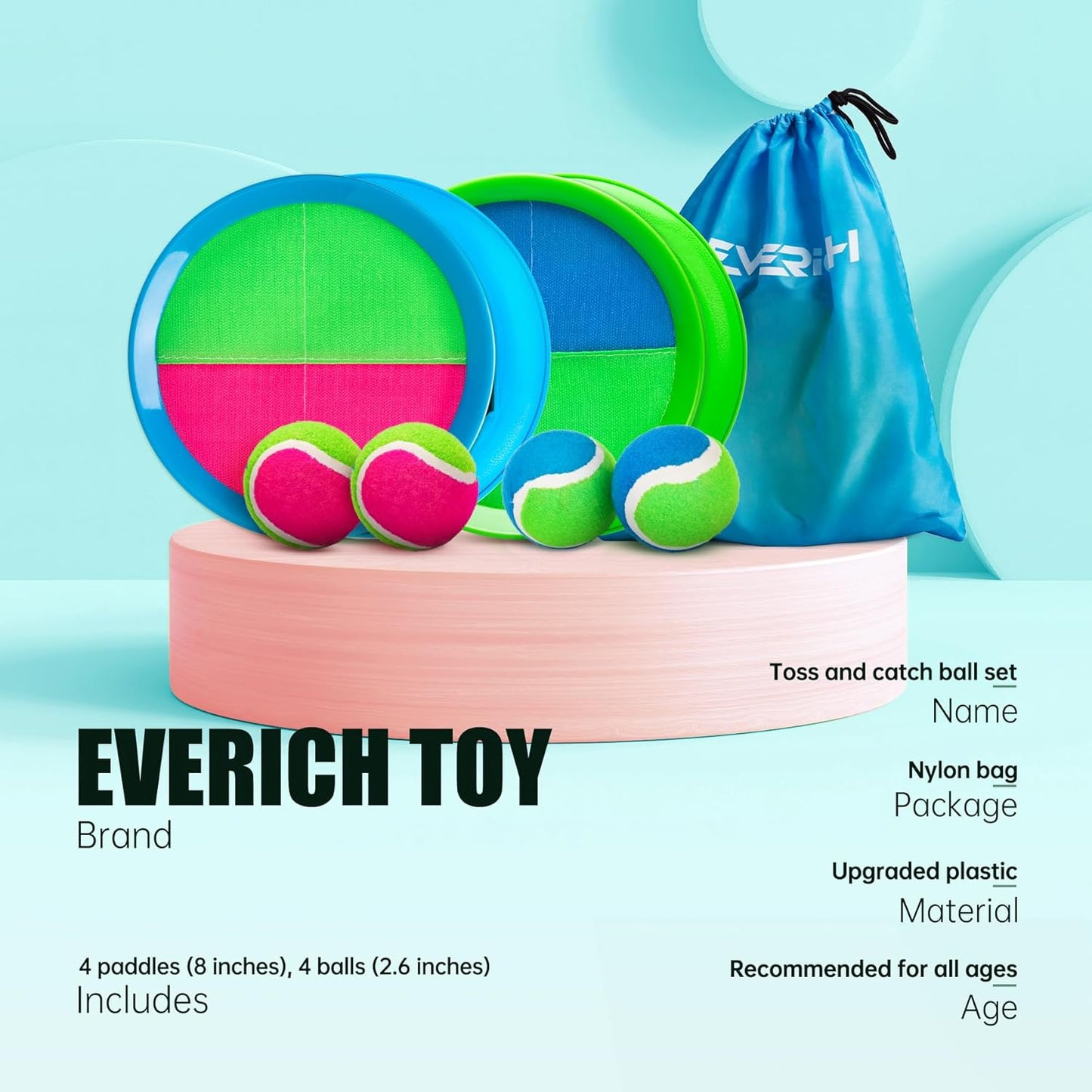 EVERICH Upgraded Toss and Catch Ball Game Set - Indoor and Outdoor Games for Kids 3-12, Beach Sand Pool Water Toy Includes 4 Paddles 4 Sticky Balls, Great Birthday Easter Gifts for Boys Girls