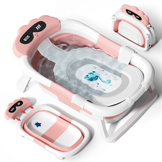 AVIDOR Baby Bathtub,Collapsible Bathtub for Newborn to Toddler,Durable Essential Infant Bath Tub,Portable Travel Baby Tub with Soft Bath Net,No-Slip Feet and Dinosaur Shaped (Pink)