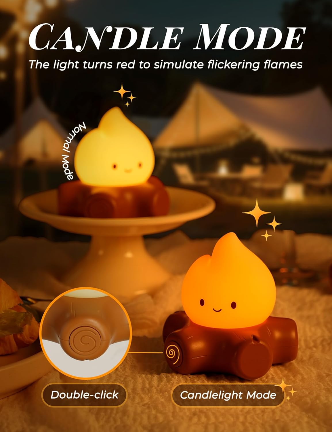Fake Campfire Lamp, Ambient Lighting, White Noise Soothes The Mood, Portable Rechargeable Night Light, Candlelight Mode Mood Lighting, Bedroom, Desktop, Camping Decor (3Pack)