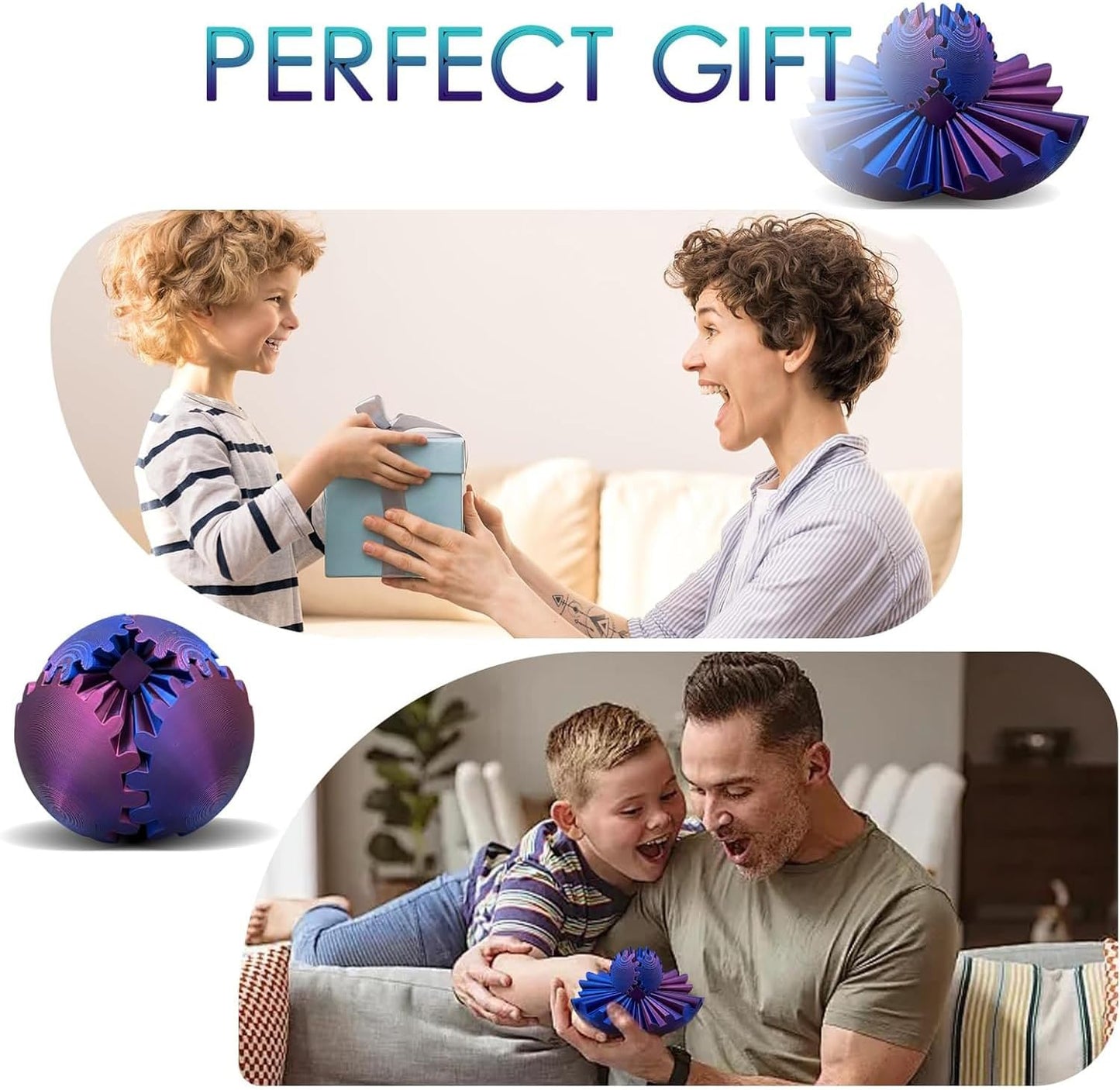 3D Printed Gear Ball Spin Ball Cube Fidget Toy Gear Sphere Gear Ball Fidget Toy Relieving Stress & Anxiety Fidget Ball Desk Toy Stress Ball Gear Toy for Stress (Red-Blue, 10*10cm)