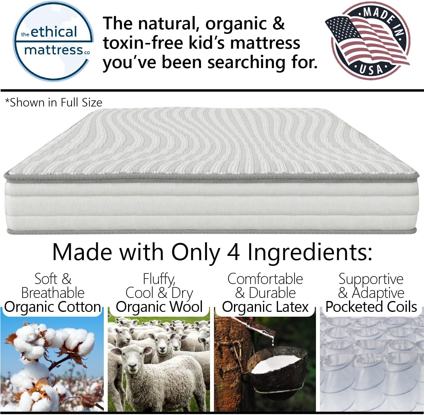 Ethical Mattress CO 6" Kid’s Mattress, Toxin-Free, Made in The USA with Organic Cotton, Wool, Latex & Pocketed Coils (Bed-in-a-Box); Perfect for bunk beds, trundles & Platform beds - Full Size