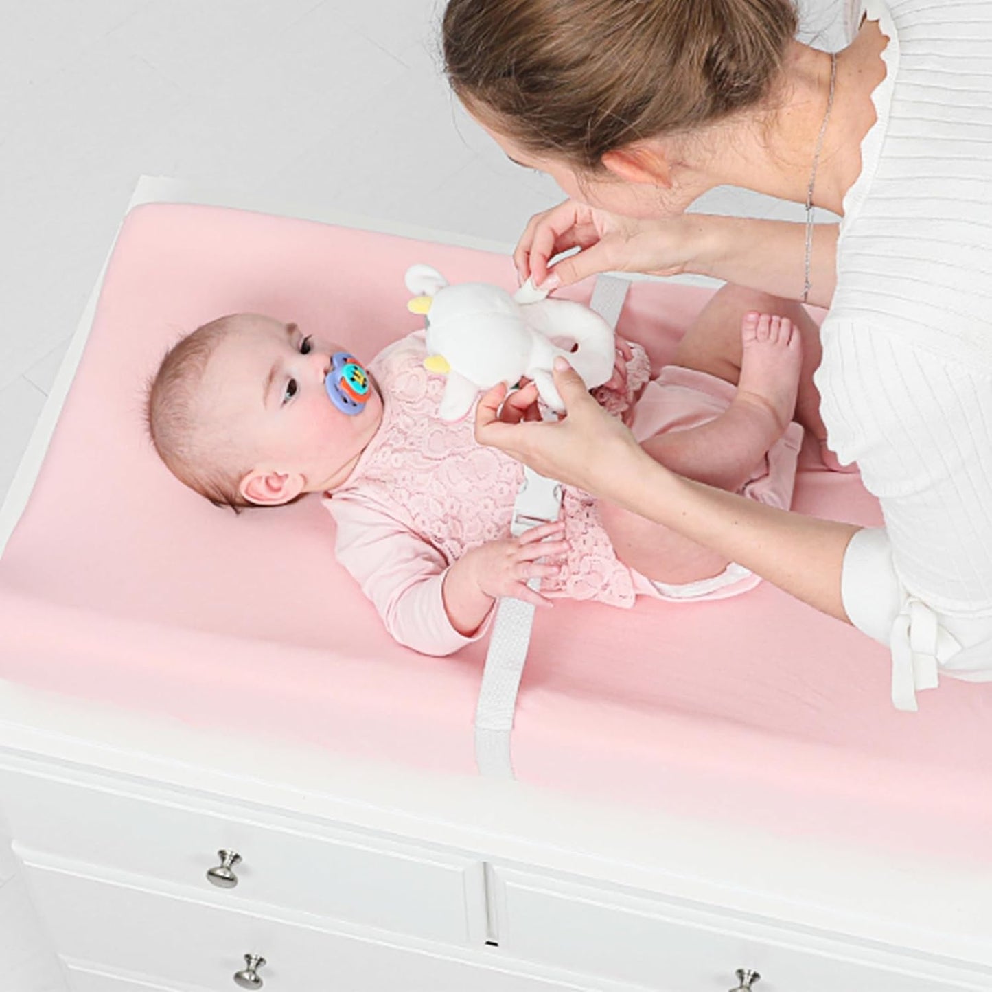 TILLYOU Changing Pad Cover Set in Soft Jersey Material Diaper Changing Table Sheets - Fits 32"/34''x16 Contoured Pad for Babies,Peachy Pink & Lt Gray