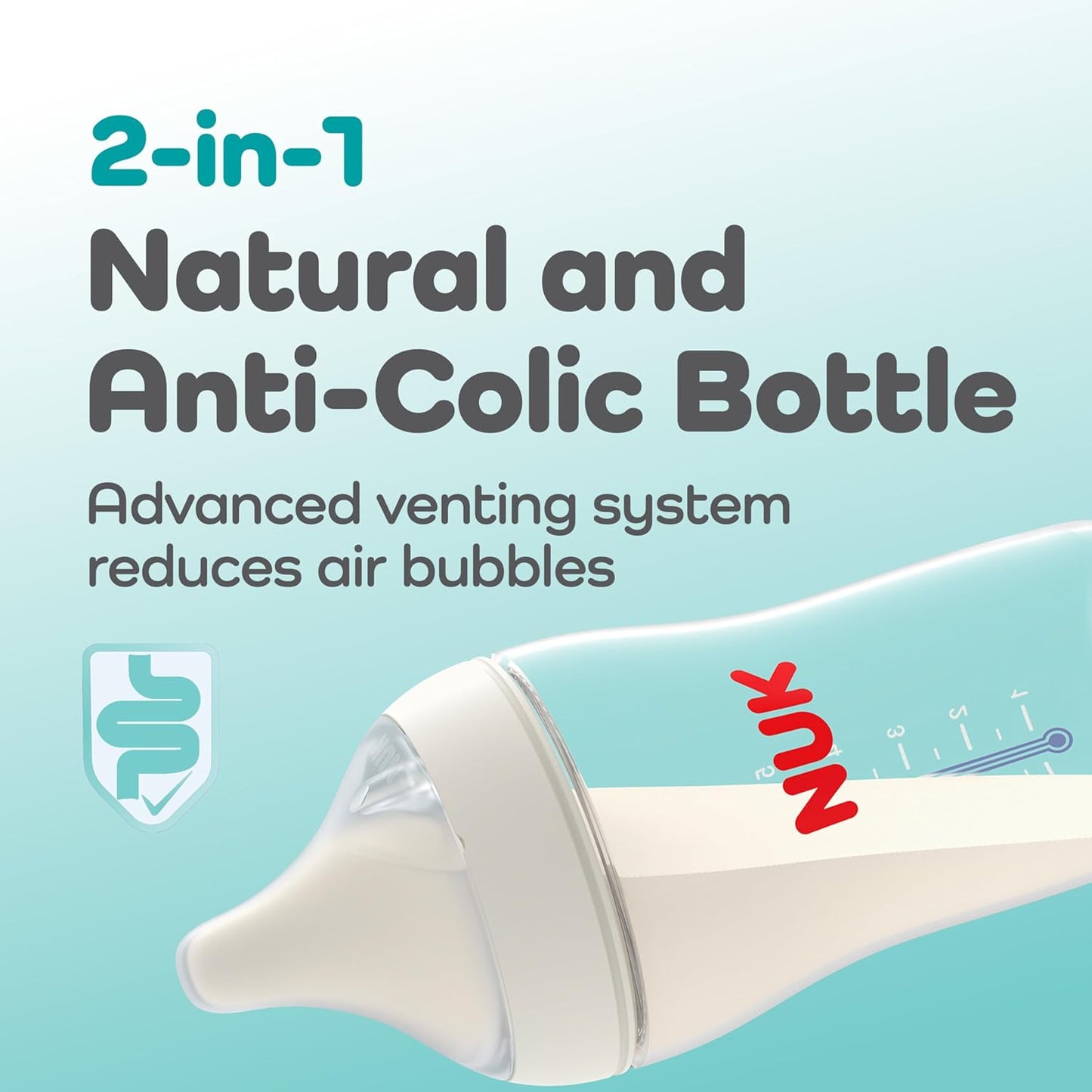 NUK Perfect Match 2-in-1 Natural and Anti-Colic Bottle with Medium Flow, Wide, Adaptable Nipple, 8oz., 4 Pack, BPA Free