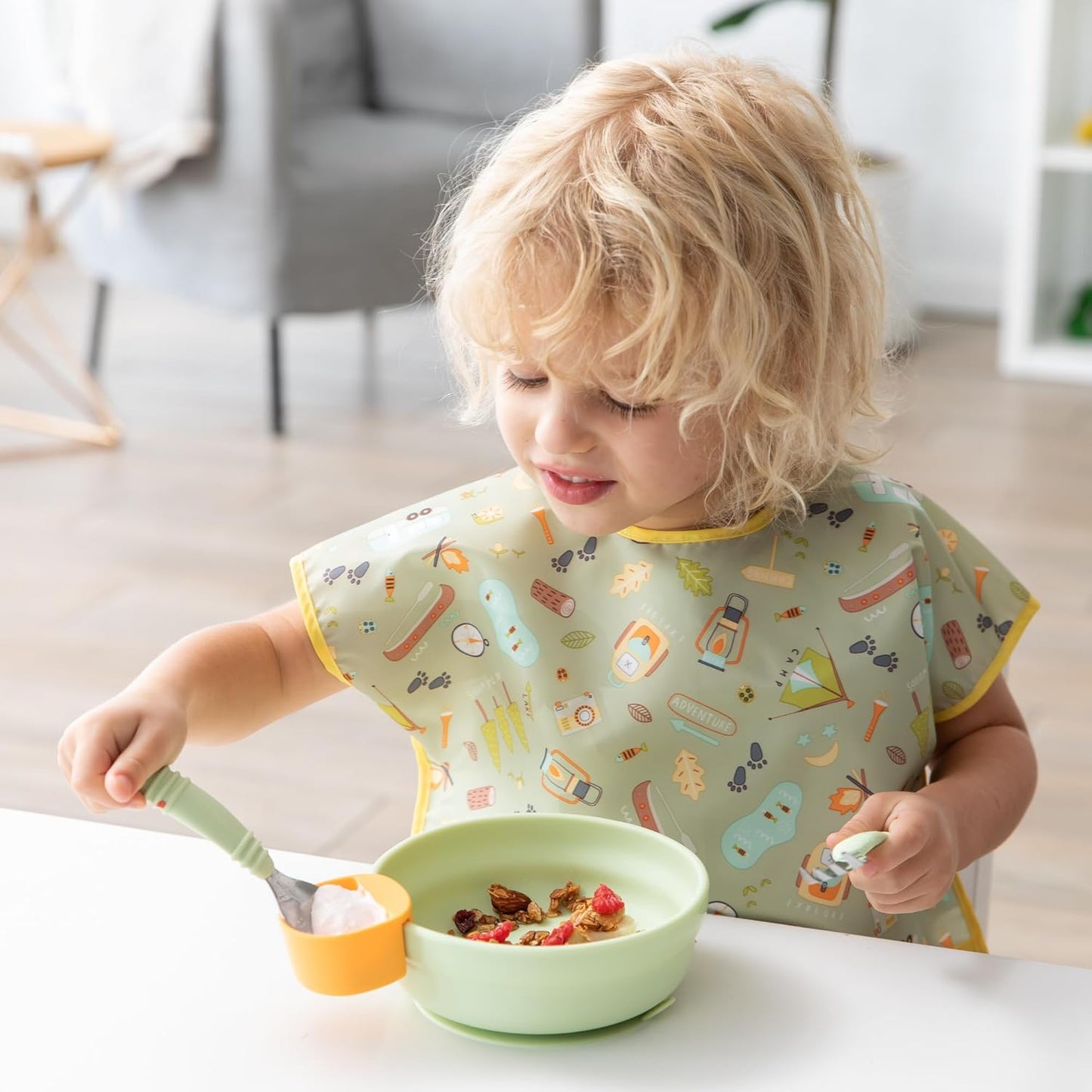 Bumkins Toddler Utensils, Kids Size Fork and Spoon Set, Silicone and Stainless-Steel Training Silverware, Angled Forks / Sporks for Self-Feeding, Children Hold Learning to Eat, 18 Mos Up, Sage Green