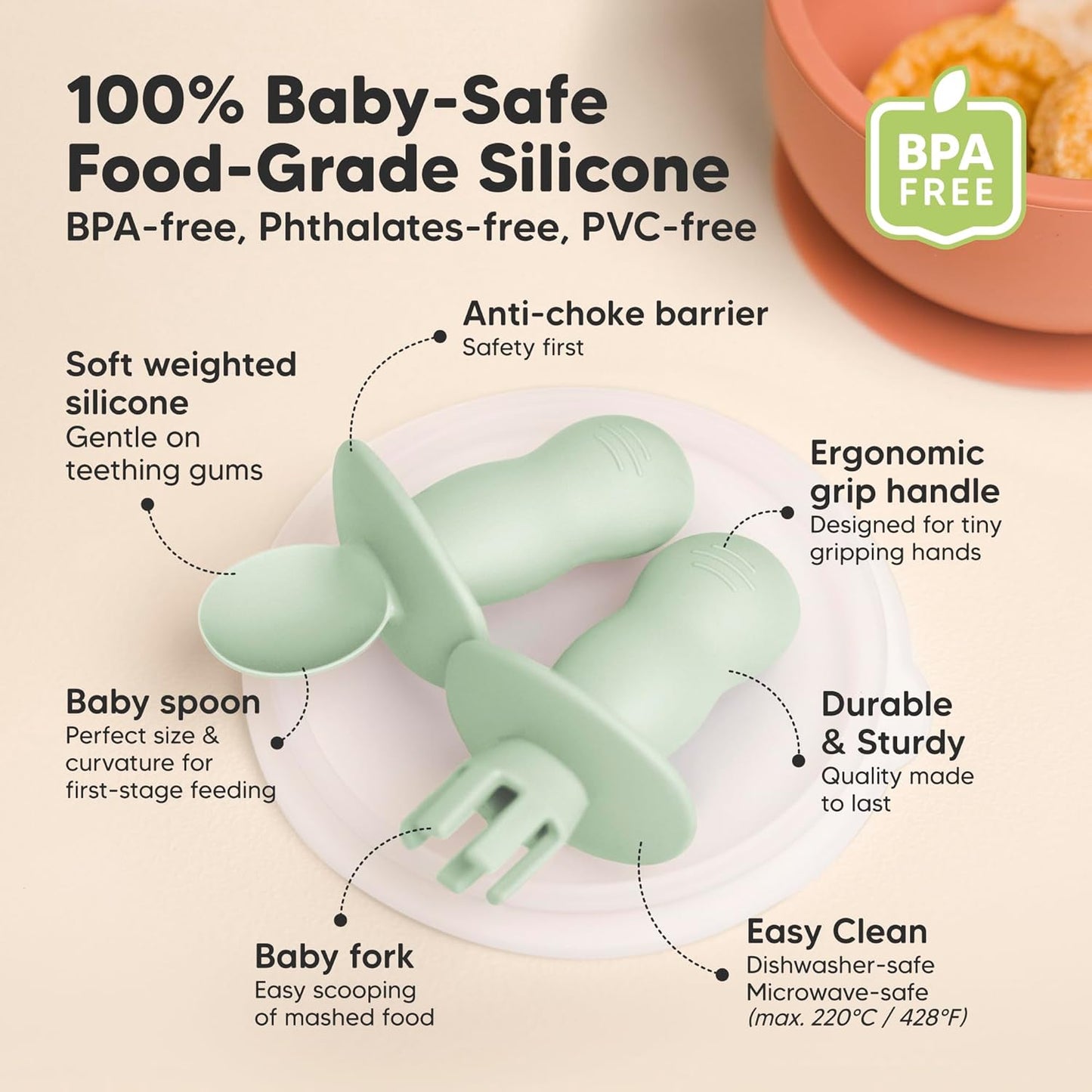 KeaBabies 4-Pack Silicone Baby Spoons and Forks Set - Baby Led Weaning Utensils 6-12 Months, Self Feeding Toddler Spoon & Fork for Training, Teething, Easy to Hold, BPA-Free Silicone (Mellow)