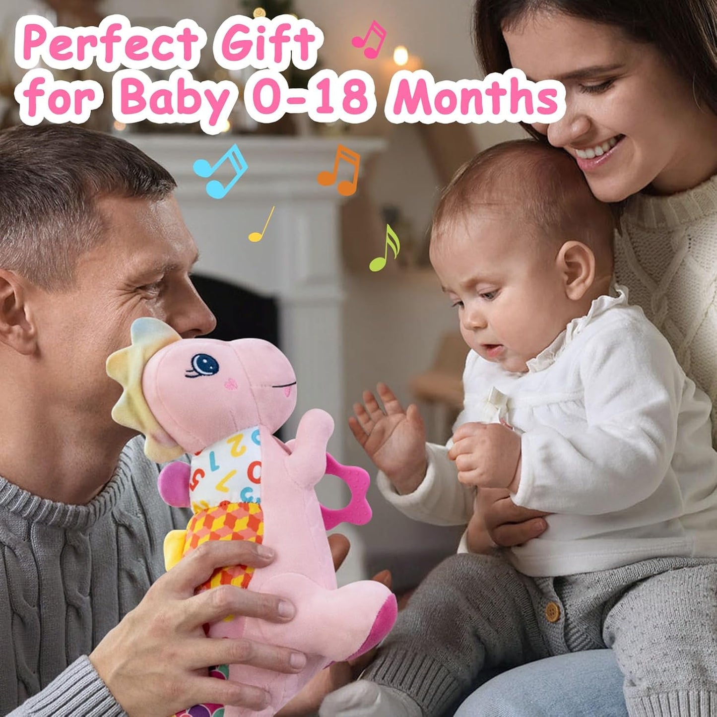 Baby Dino Plush Soft Stuffed Animal Toy for 0-3-6-12+ Months,Infant Musical Toy with Rattle,Squeaker,Sensory Crinkle,Teether & Textures,Tummy Time Toys Christmas Baby Gift for Newborn Girl(Pink)