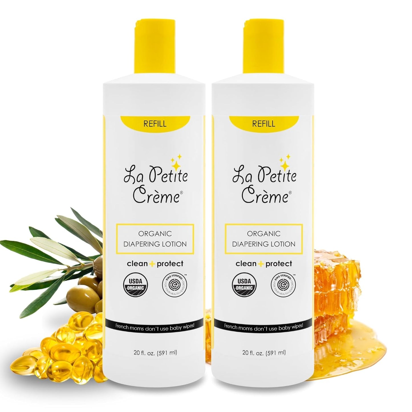 La Petite Creme French Premium Diapering Lotion - Diaper Cream Alternative to Baby Wipes - Moisturizer & Skin Cleanser - USDA Certified Organic Ingredients - Baby Essentials (2 Bottles of 20 oz)