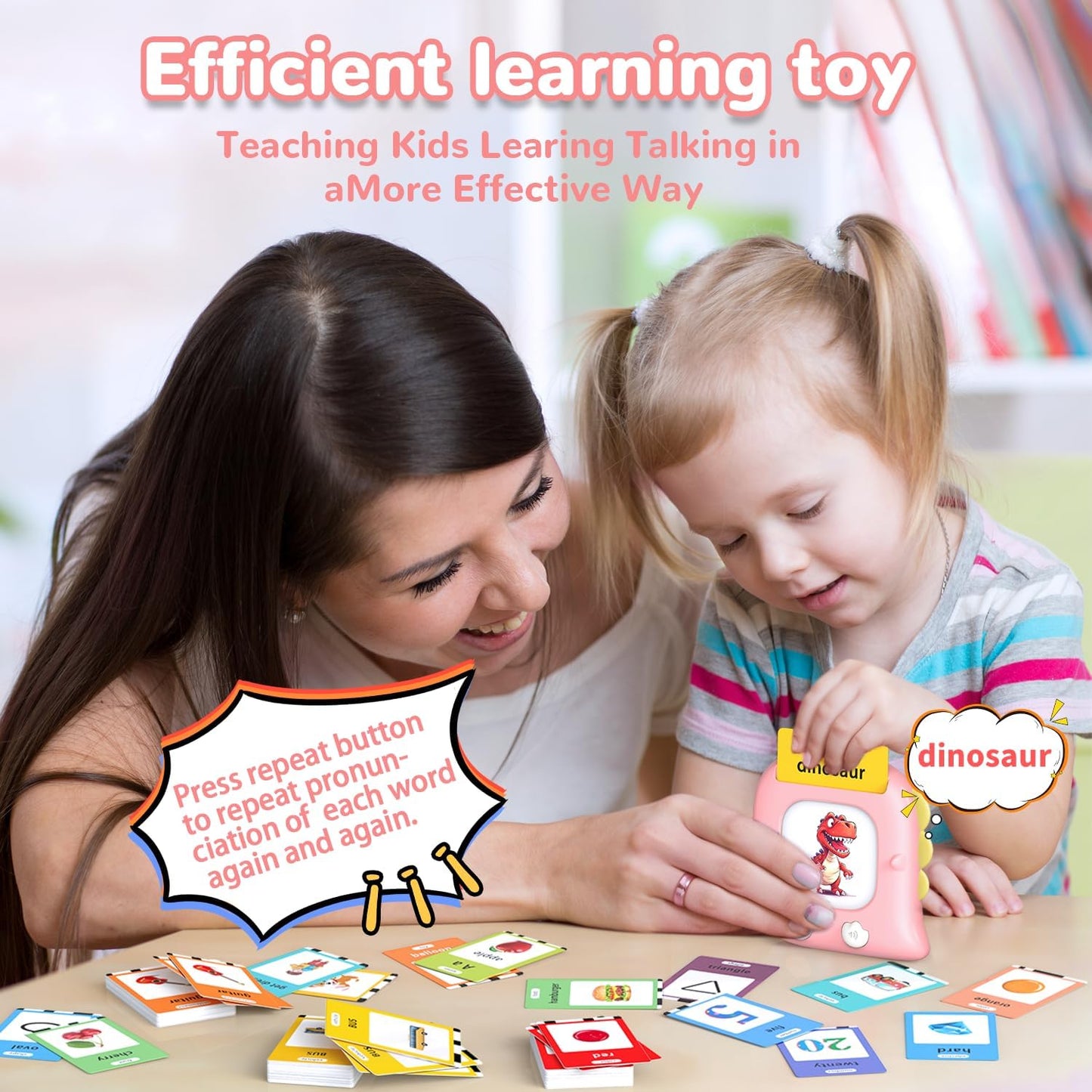 Kidzdo Dinosaur ABCs Learning Toys, 254 Words Talking Flash Cards, Birthday Gifts for 2 3 4 5 6 Years Old Girls, Pocket Speech Language Therapy Toys for Toddlers Ages 2-6, Pink