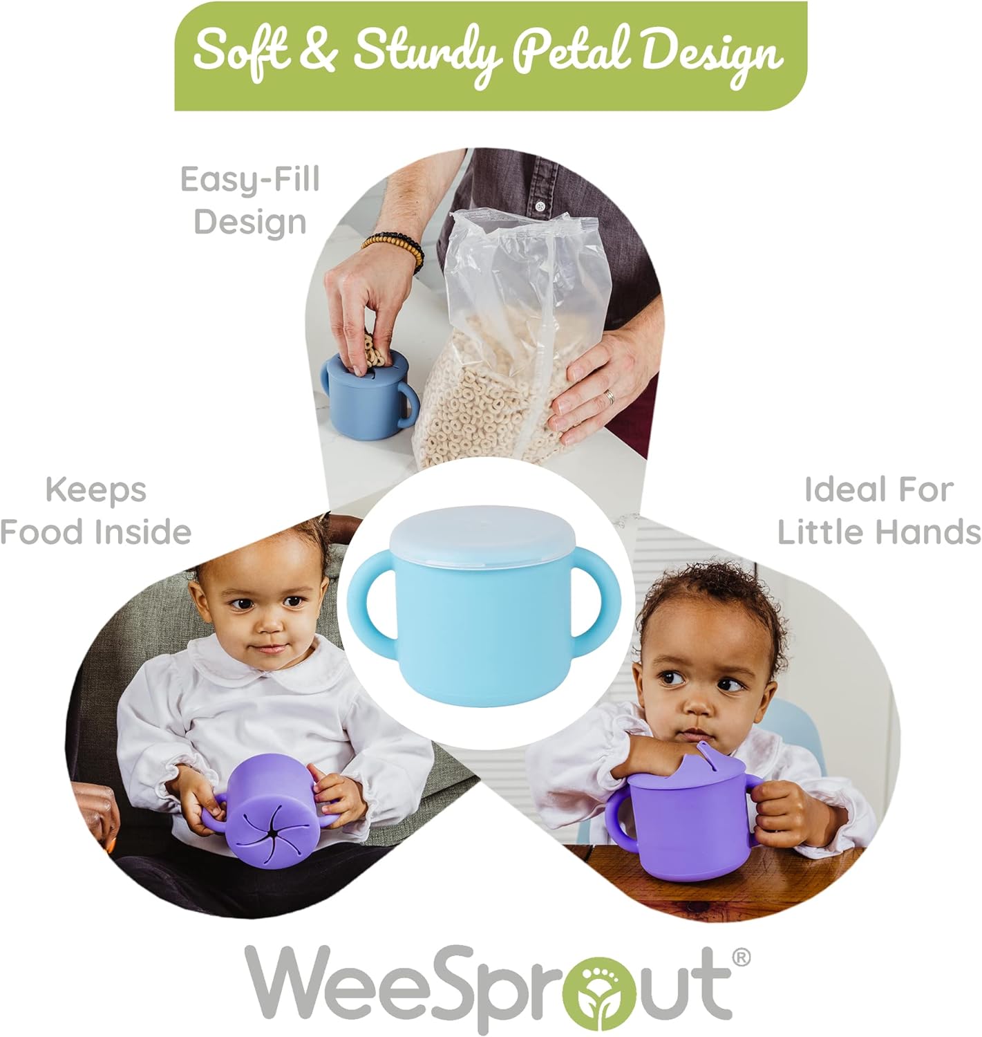WeeSprout Snack Containers, Food Grade Silicone Cups, Spill-Proof Tops For Toddlers and Babies, Premium Hard Plastic Travel Lids, Dishwasher Safe, Set of 2 Snack Catchers