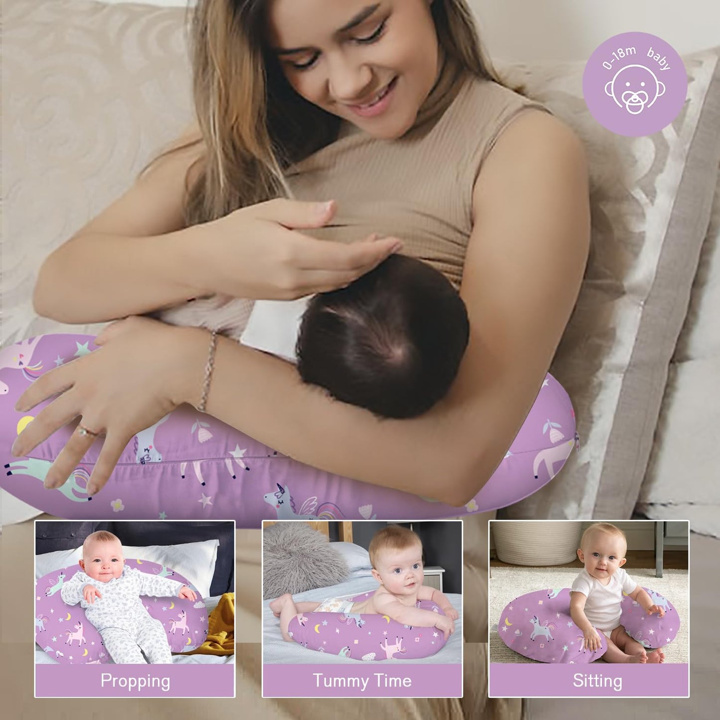 Little Grape Land Nursing Pillow for Infants, Breastfeeding Pillows, Baby Support Pillow for Nursing, Bottle Feeding, Tummy Time with Machine Washable Cover & Breathable Filling (Unicorn)