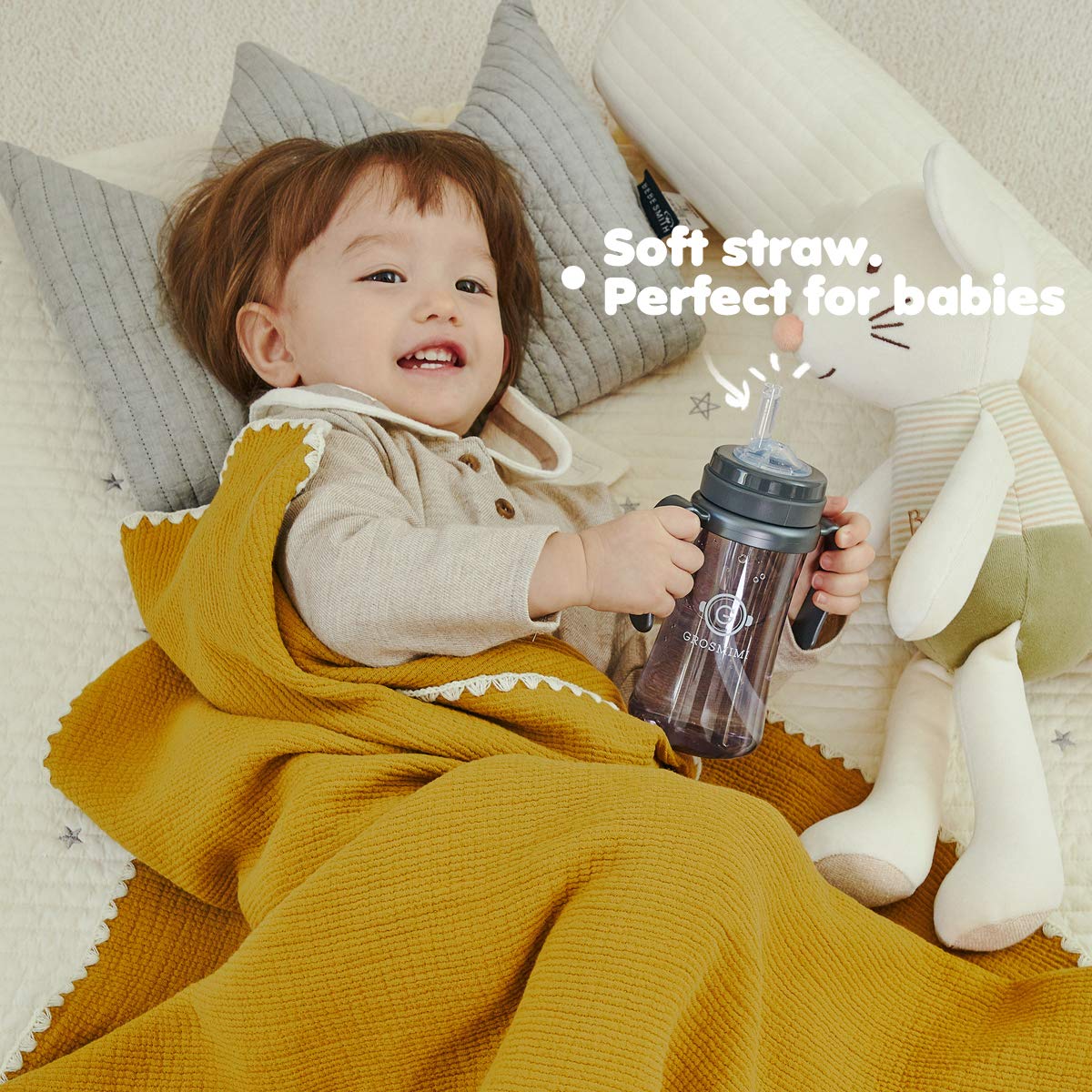 GROSMIMI Spill Proof no Spill Magic Sippy Cup with Straw with Handle for Baby and Toddlers, Customizable, PPSU, BPA Free 10 oz (White)