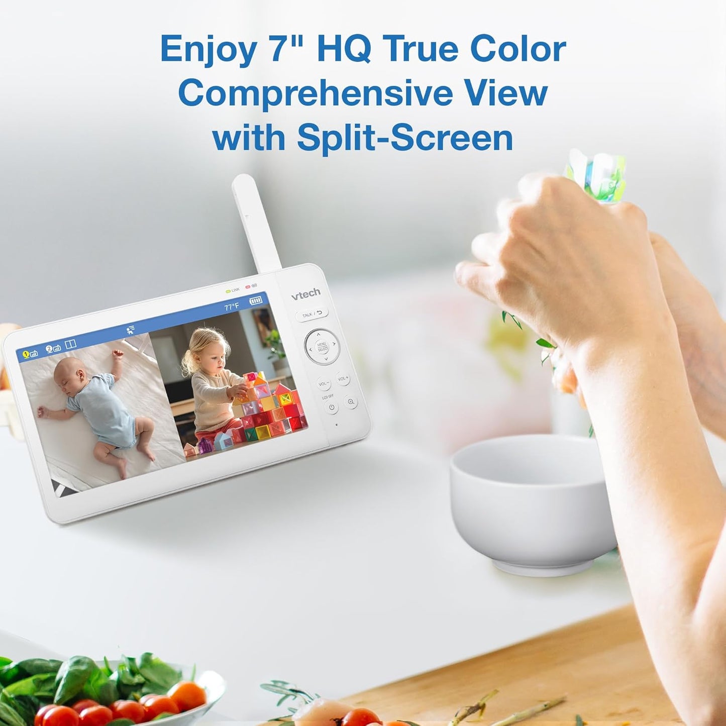 VTech Advanced HQ Max Twin 7" Digital Video 2-Cameras Baby Monitor with Pan Tilt Zoom, Long Battery Life 5000mAh, IPS Screen, Adaptive Multi-Color Night Light, 2-Way Talk, HQ Display, No WiFi, White